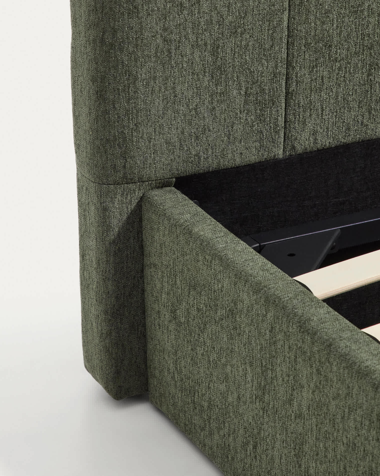 Darnela moss green chenille bed with folding storage base for 90 x 200cm mattress