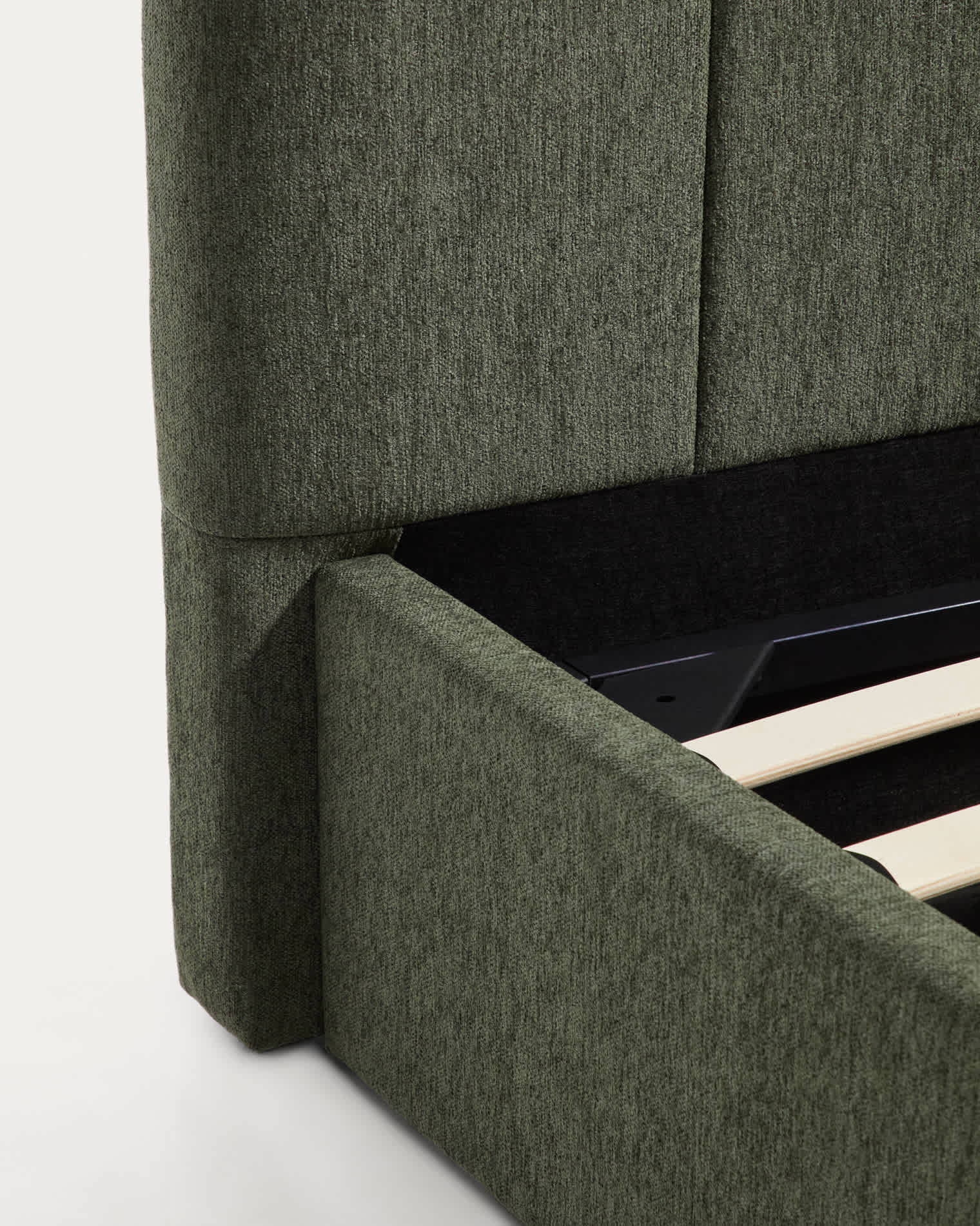 Darnela moss green chenille bed with folding storage base for 160 x 200cm mattress