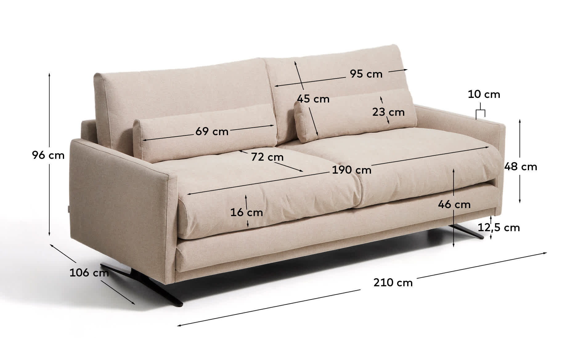 Veliro fire-retardant 2-seater sofa in beige with steel legs with black finish 210 cm FSC Mix Credit