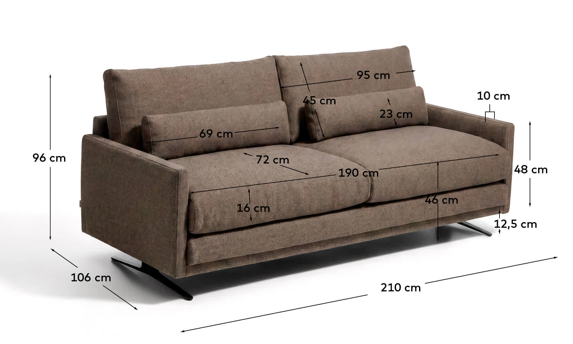 Veliro fire-retardant 2-seater sofa in toasted brown with steel legs with black finish 210 cm FSC Mix Credit