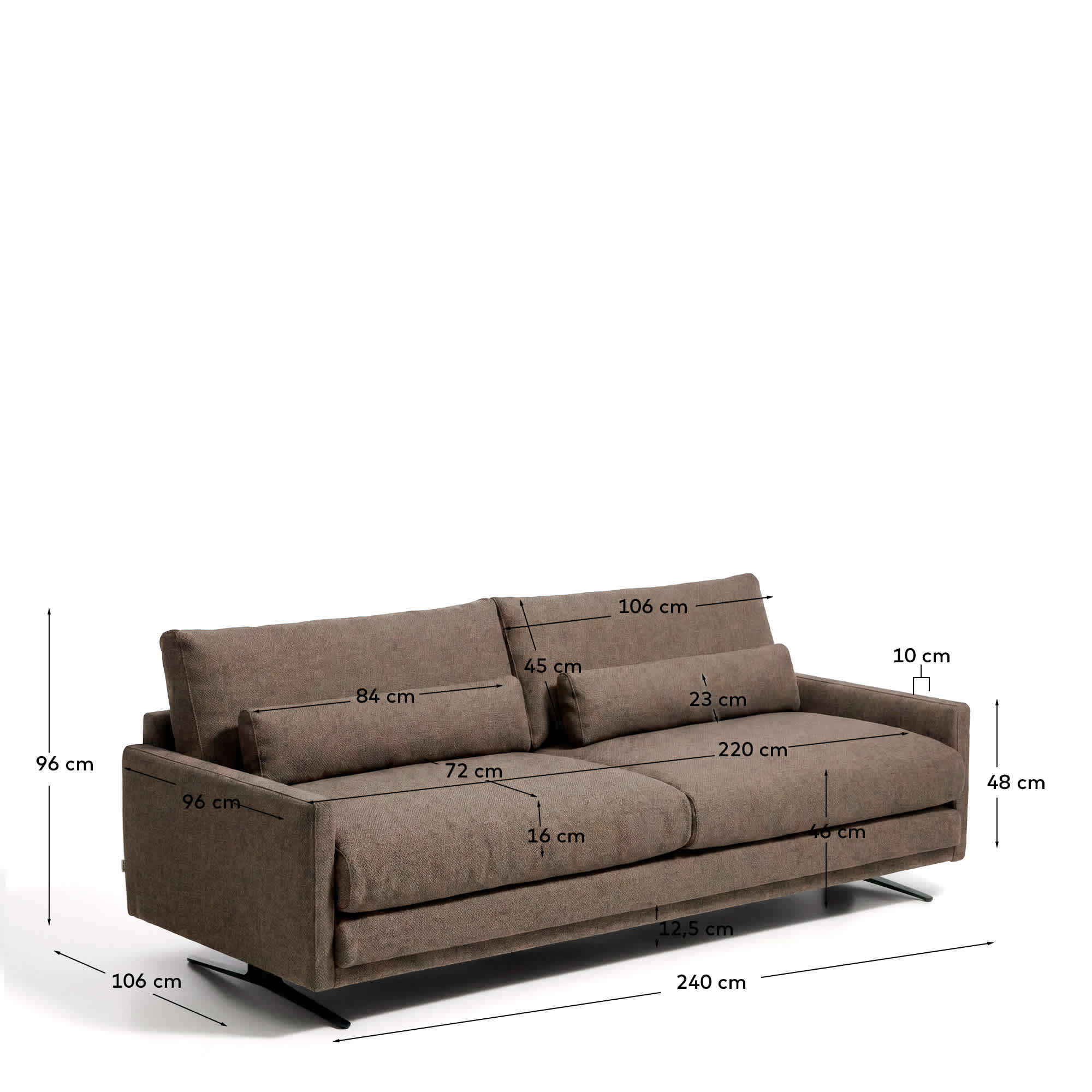 Veliro fire-retardant 3-seater sofa in toasted brown with steel legs with black finish 240 cm FSC Mix Credit