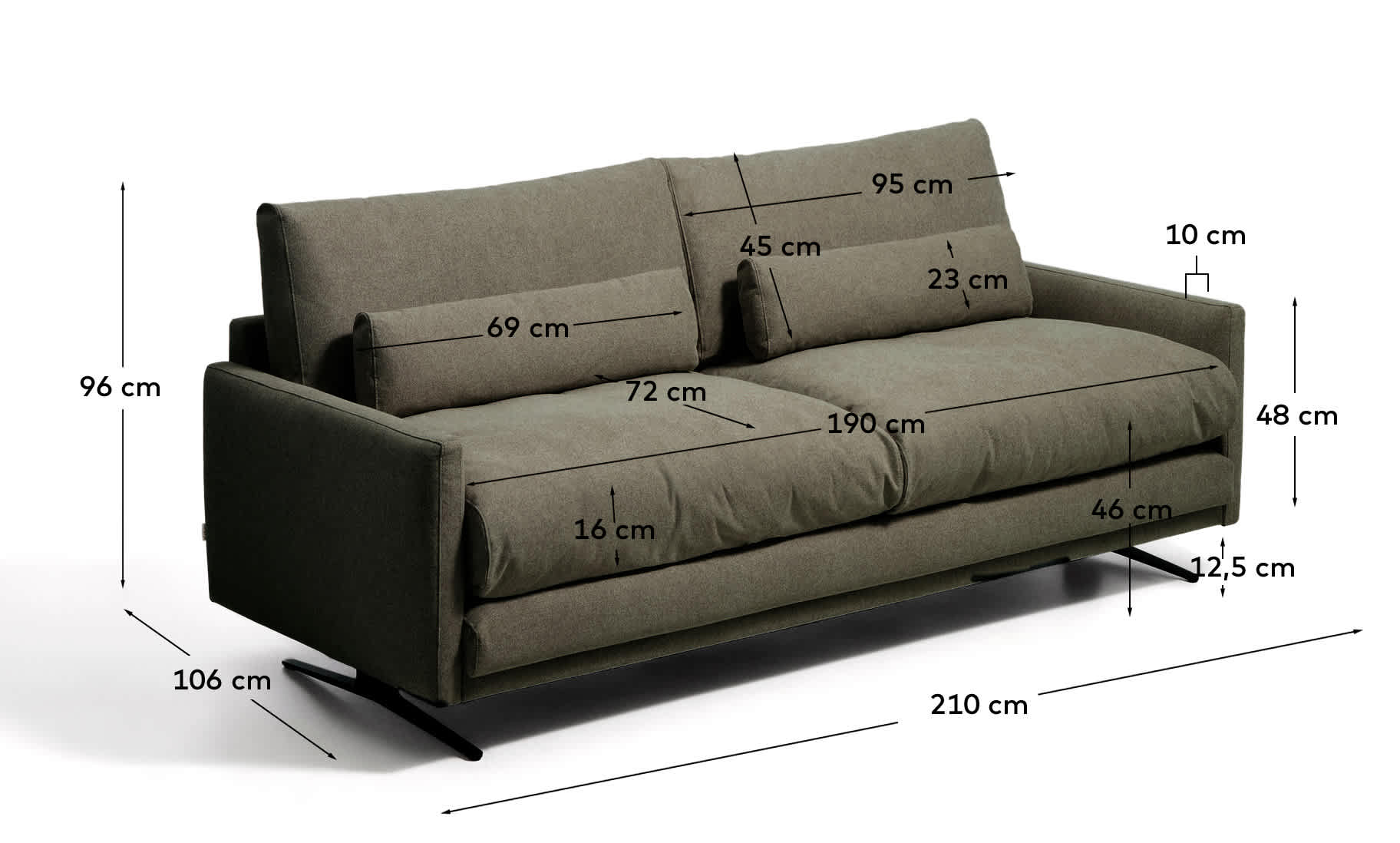 Veliro fire-retardant 2-seater sofa in dark green with steel legs with black finish 210 cm FSC Mix Credit