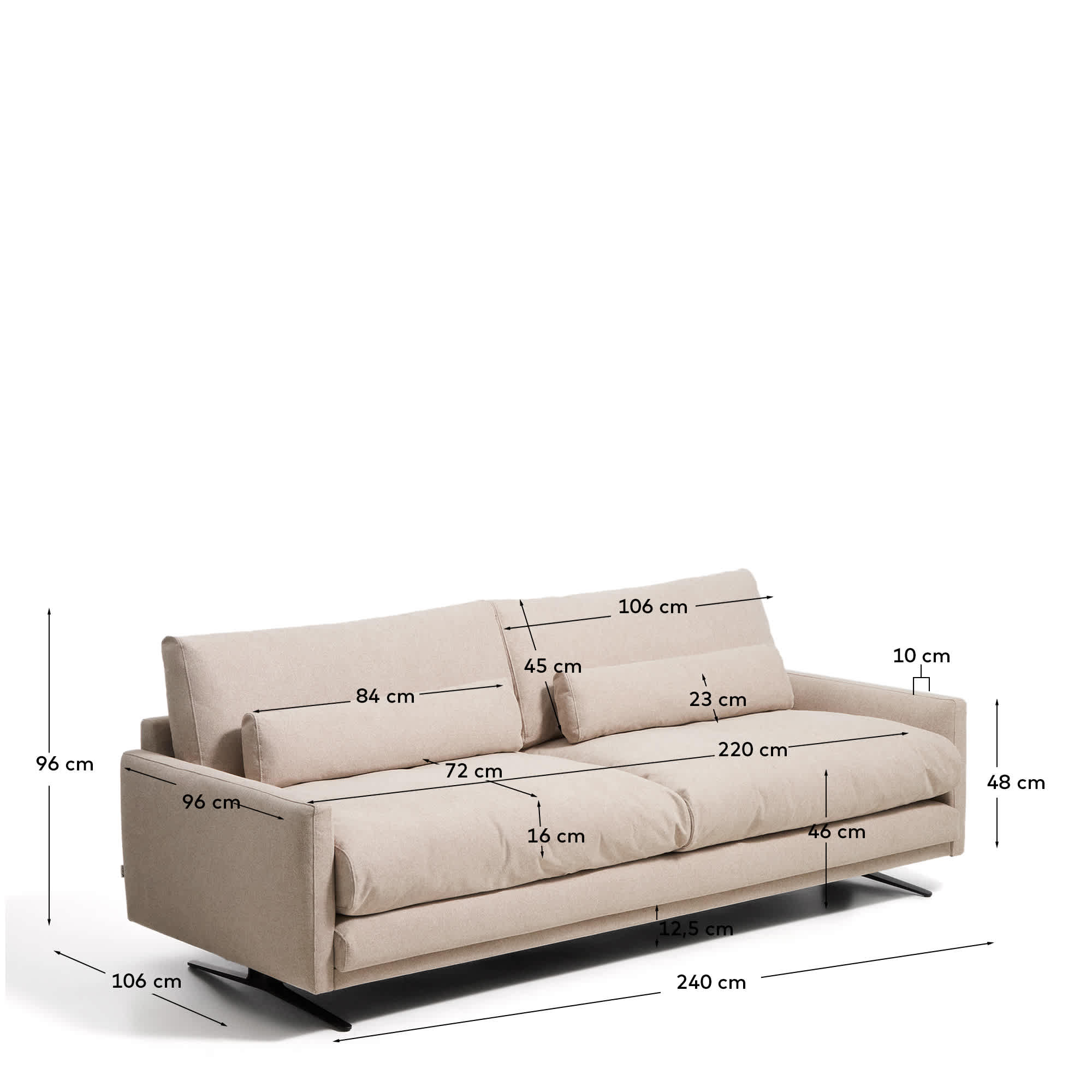 Veliro fire-retardant 3-seater sofa in beige with steel legs with black finish 240 cm FSC Mix Credit