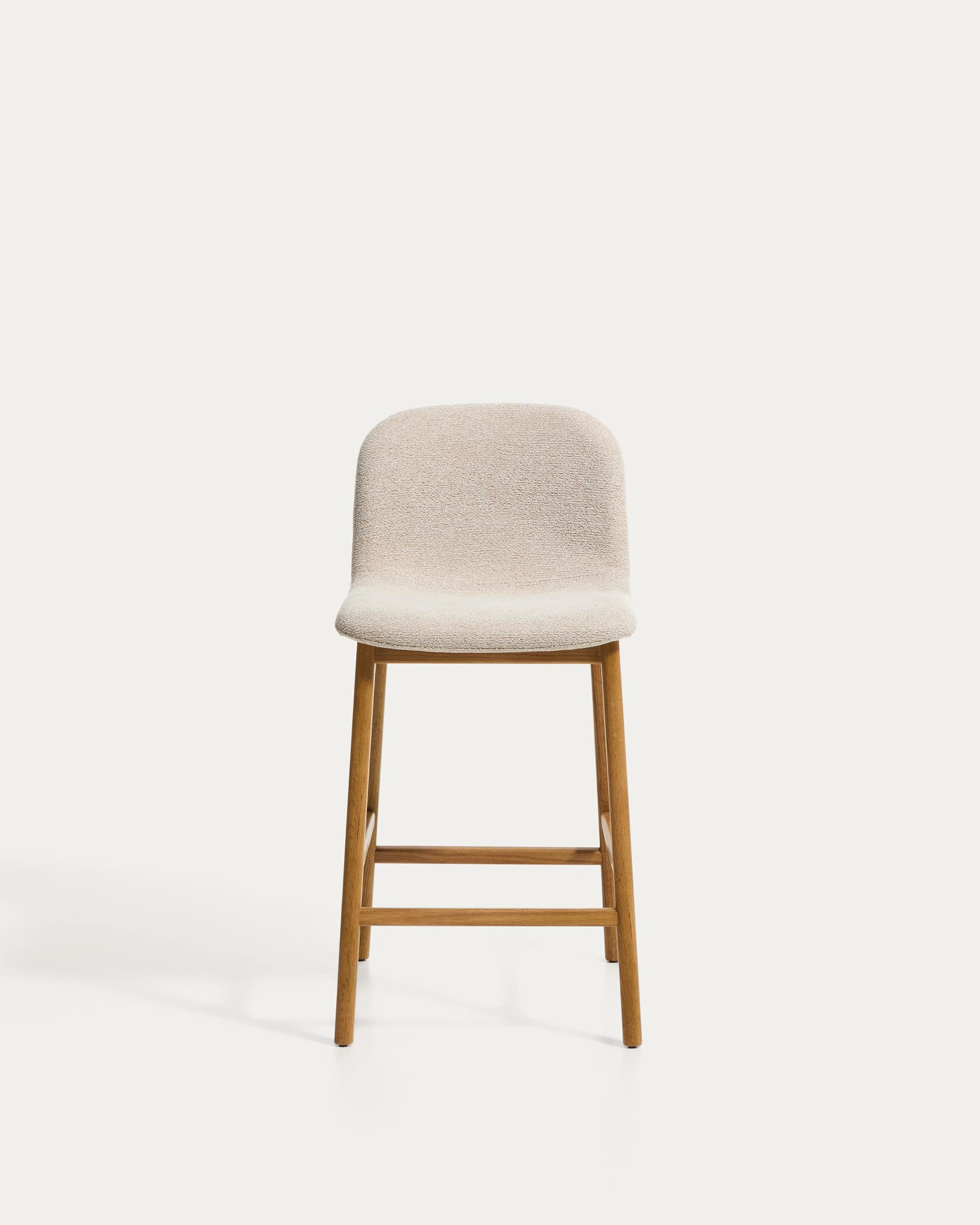 Elnor stool in beige chenille with solid oak wood legs in a natural finish 65cm