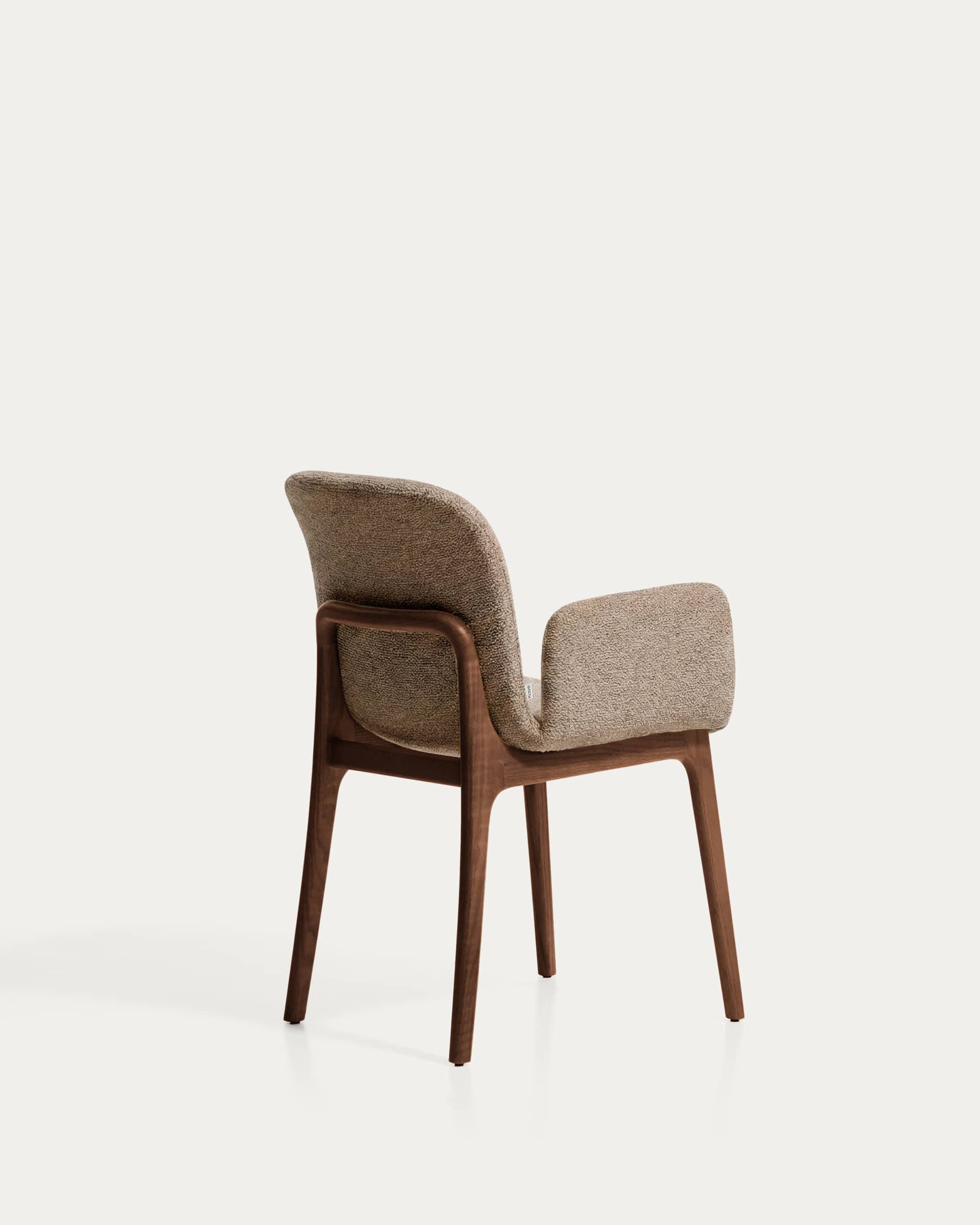 Elnor chair with armrests in brown chenille with solid oak wood legs in a walnut finish