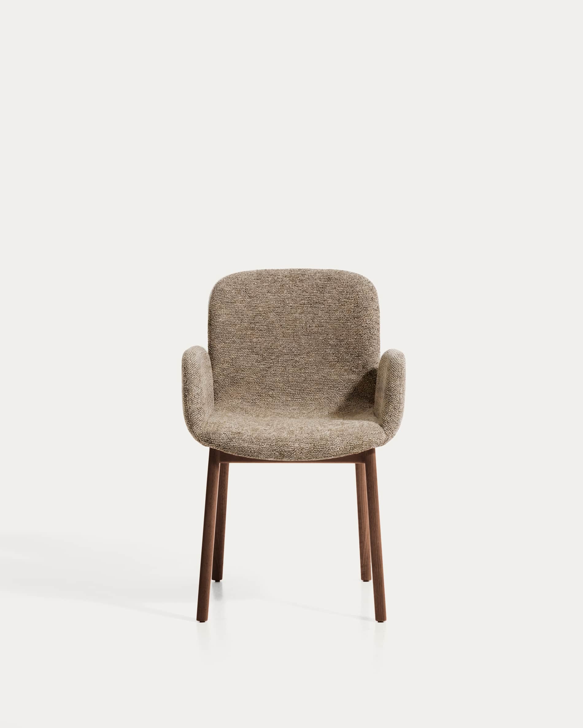 Elnor chair with armrests in brown chenille with solid oak wood legs in a walnut finish