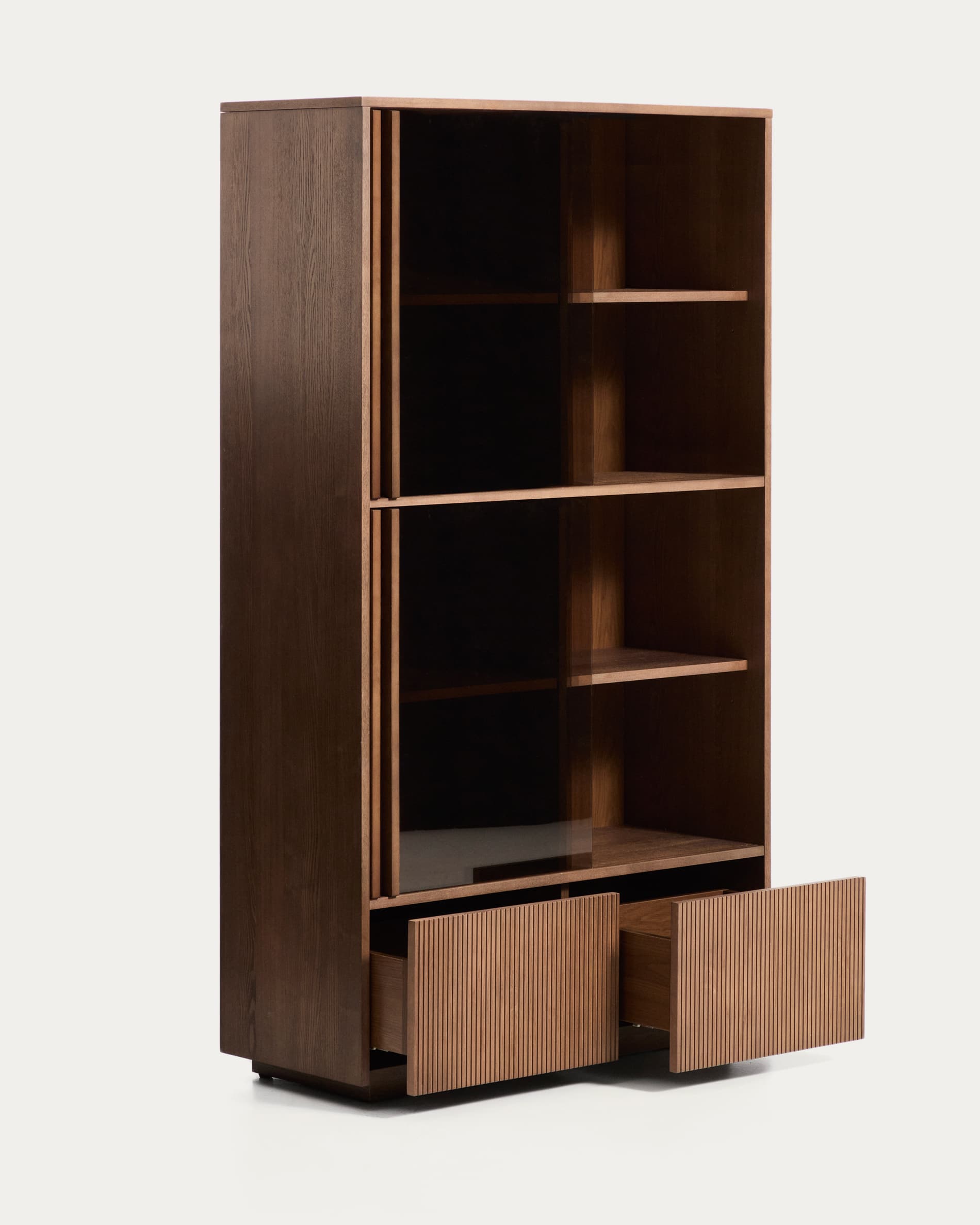 Helvine 4-door, 2-drawer display cabinet in ash veneer with walnut finish and tempered glass 100 x 174cm FSC 100%