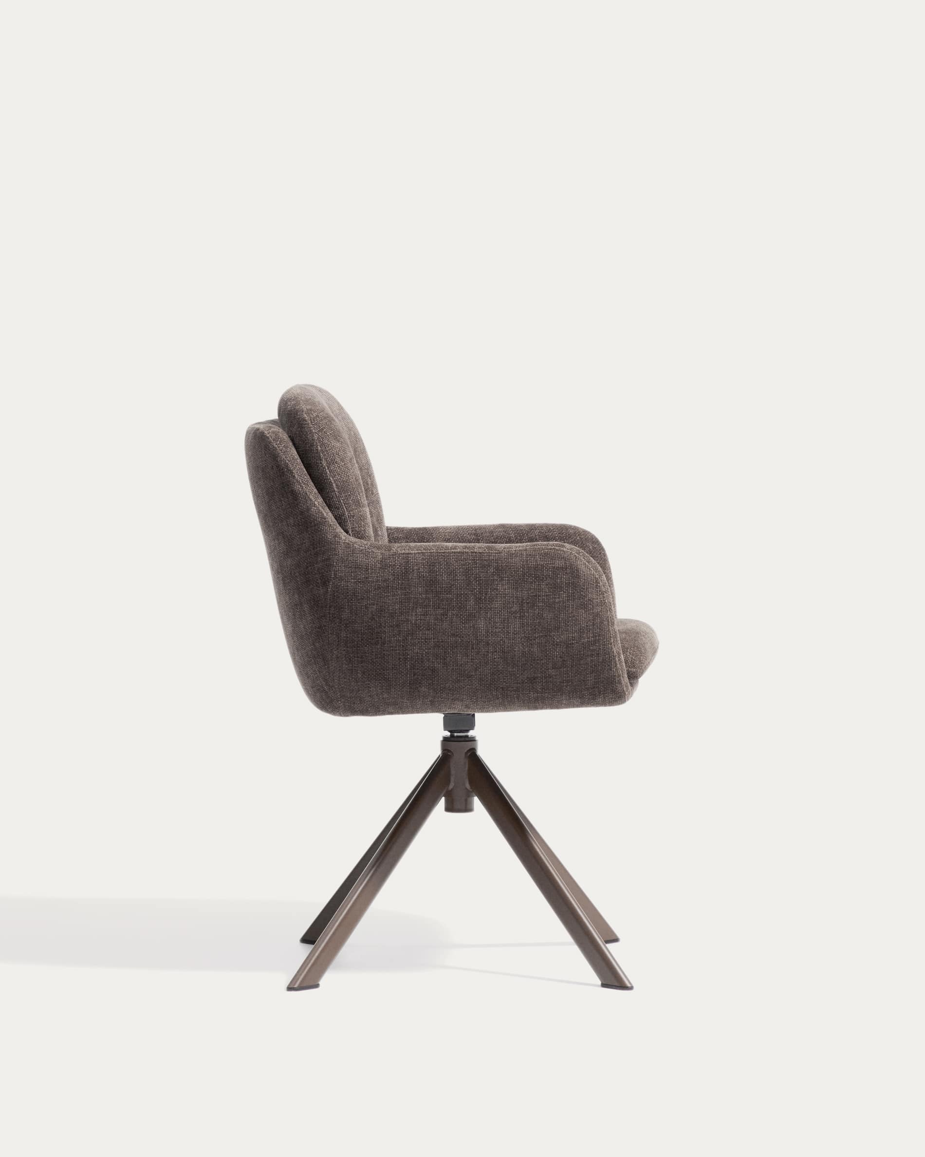 Lexa swivel chair in brown chenille and steel legs with a brown finish