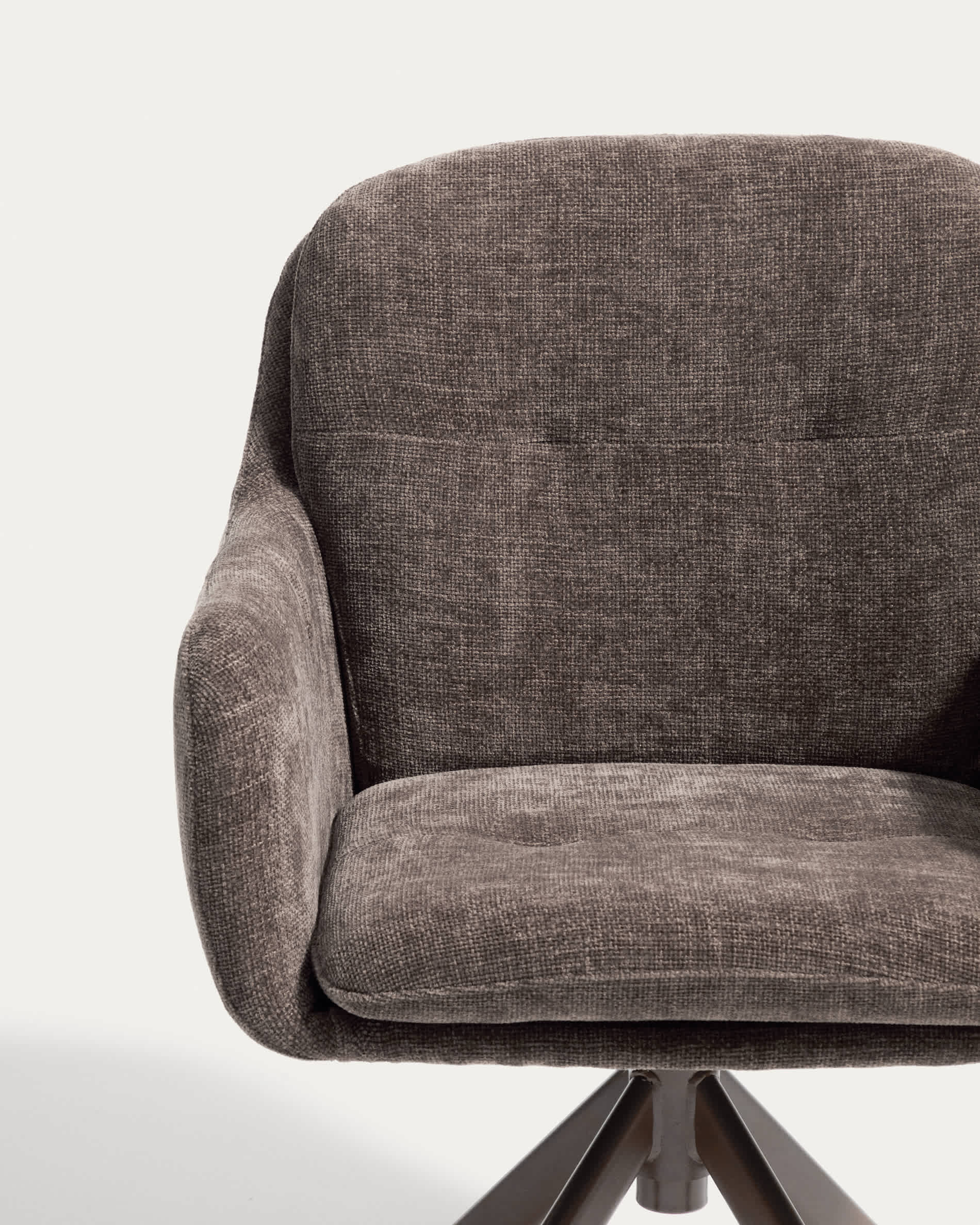 Lexa swivel chair in brown chenille and steel legs with a brown finish