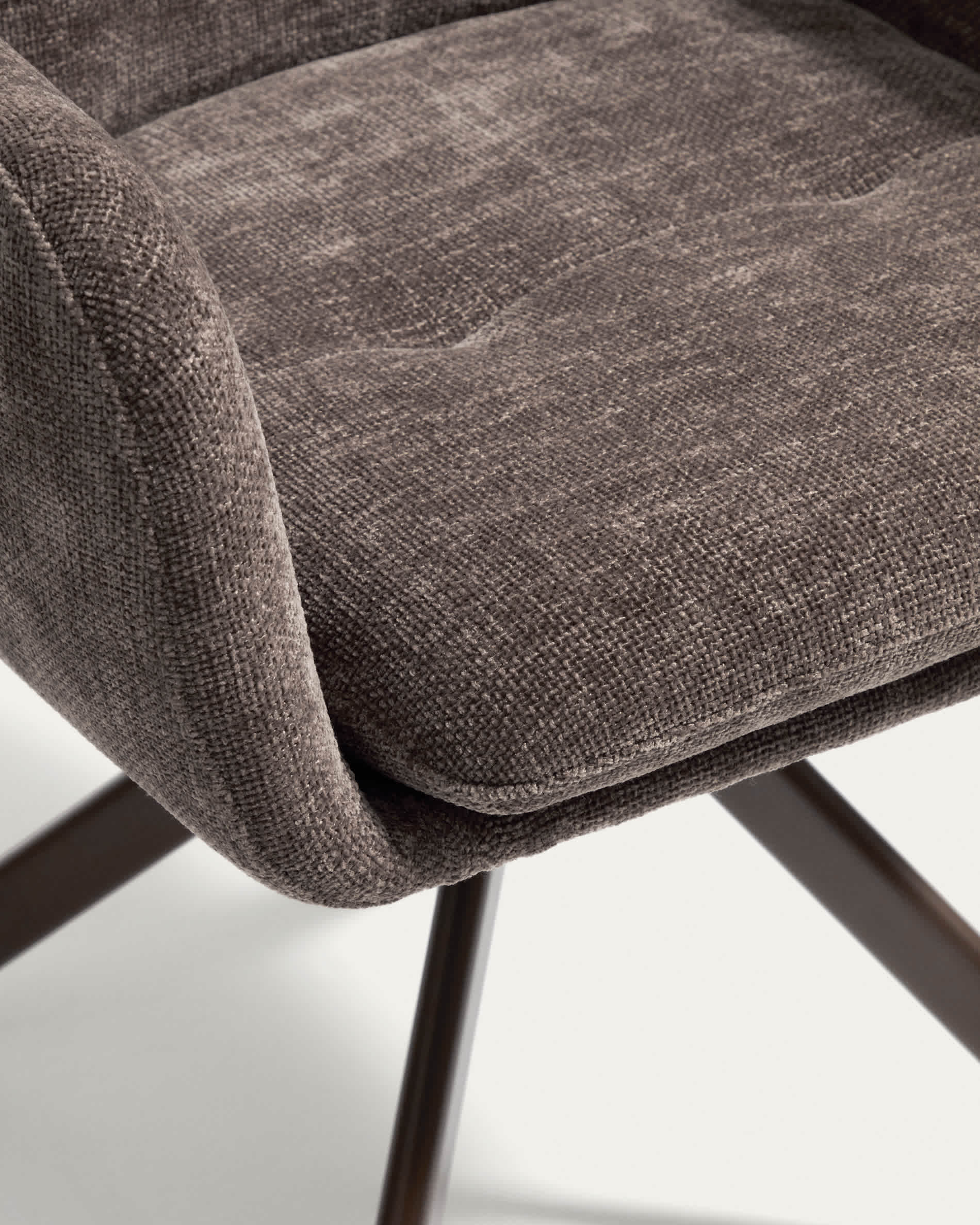 Lexa swivel chair in brown chenille and steel legs with a brown finish