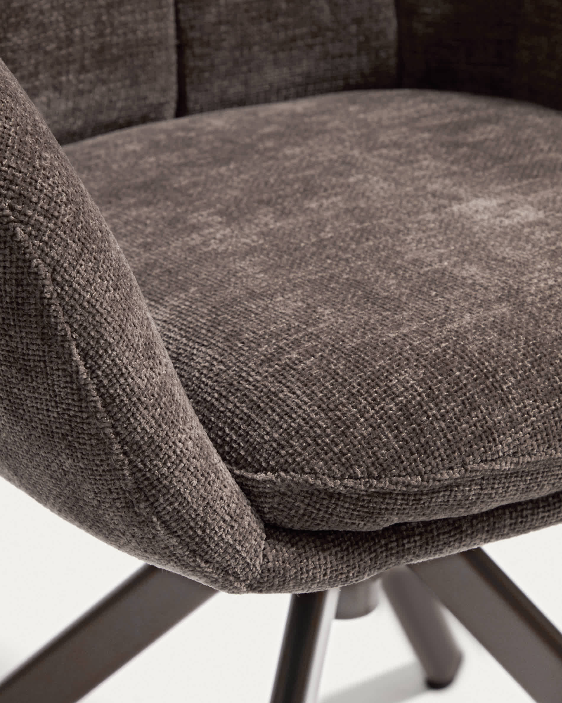 Dorina swivel chair in brown chenille and steel legs with a brown finish