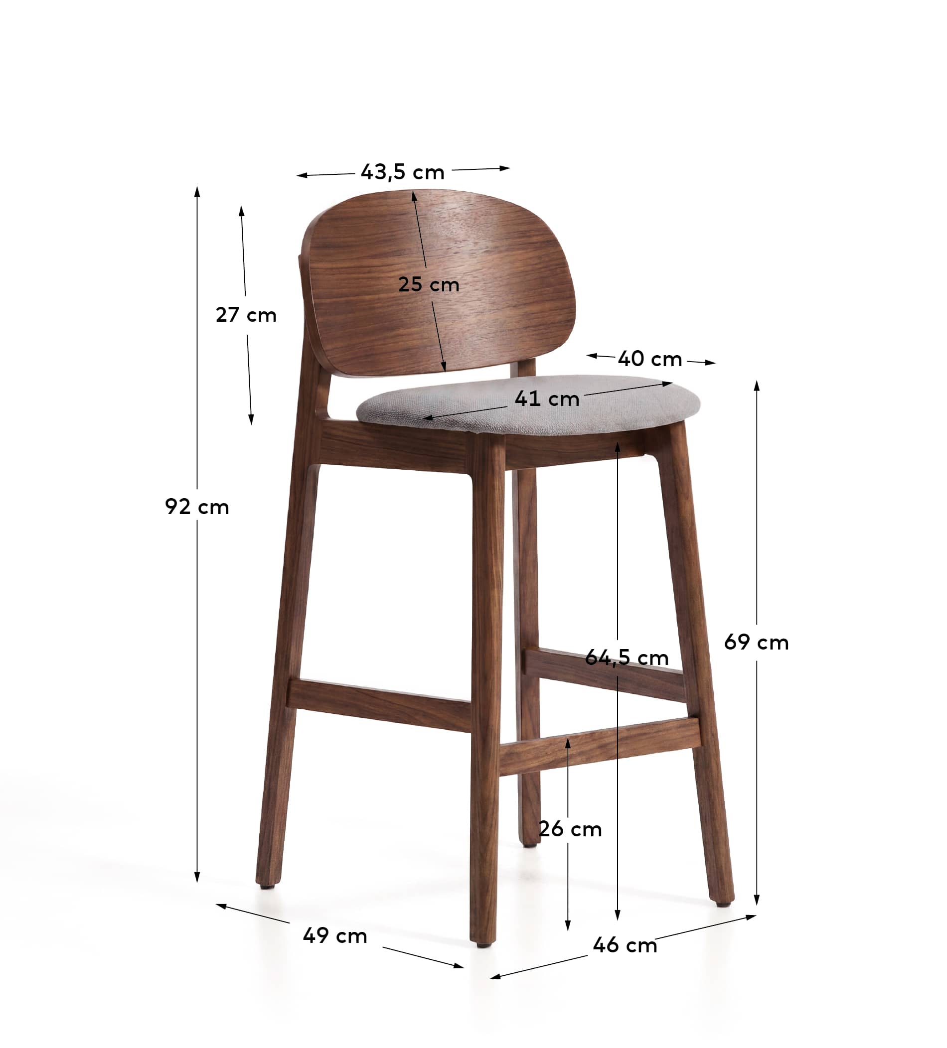 Ludara stool in oak veneer with walnut finish and brown chenille 65cm