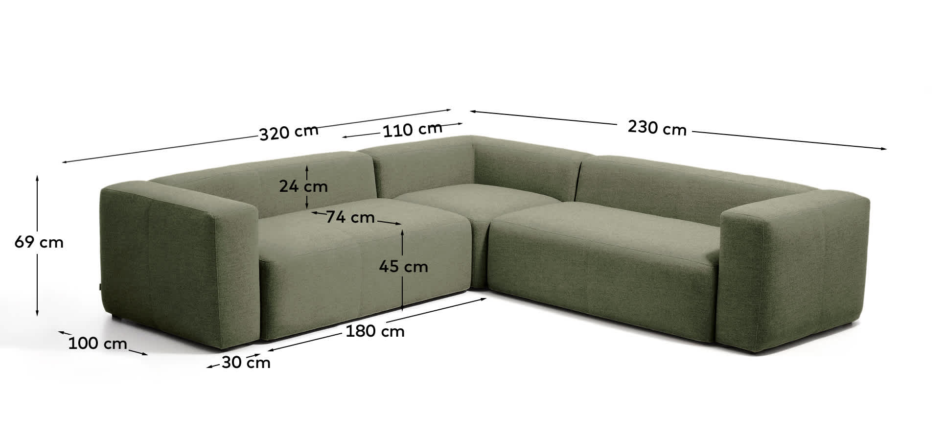 Blok moss green chenille 4-seater corner sofa 290 x 290cm FSC Mix Credit