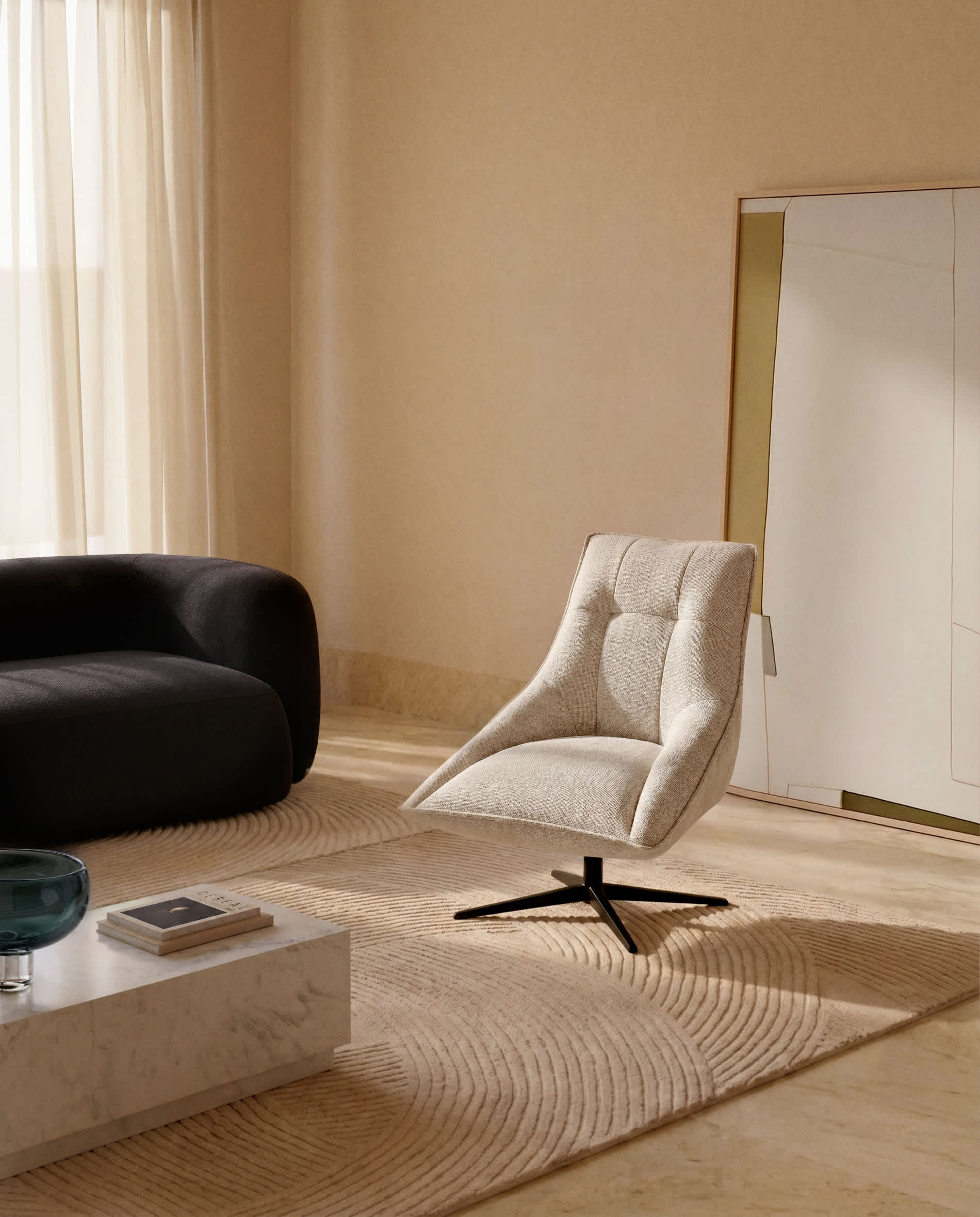 Dirala swivel armchair in beige chenille and steel with black finish FSC 100%