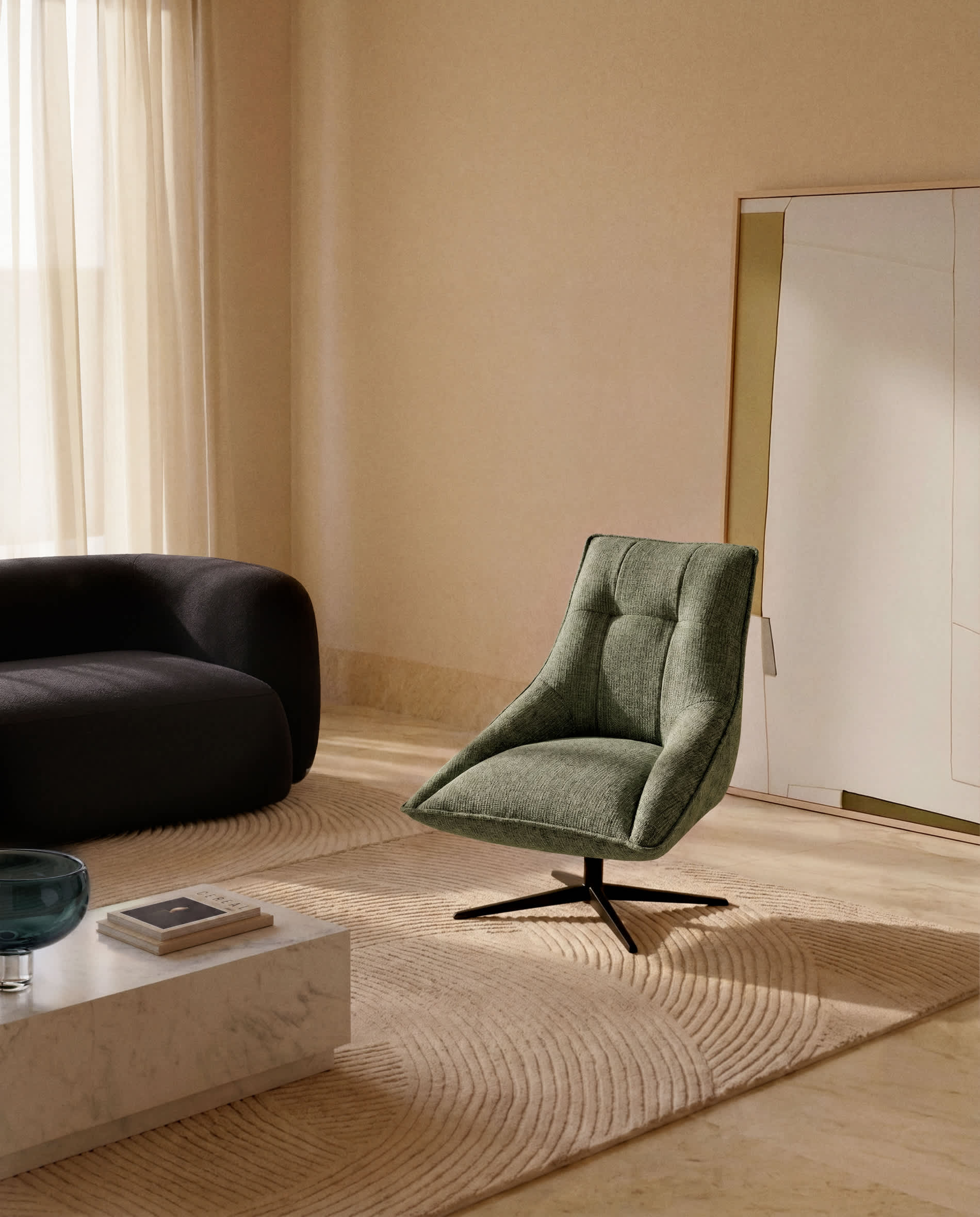 Dirala swivel armchair in green chenille and steel with black finish FSC 100%
