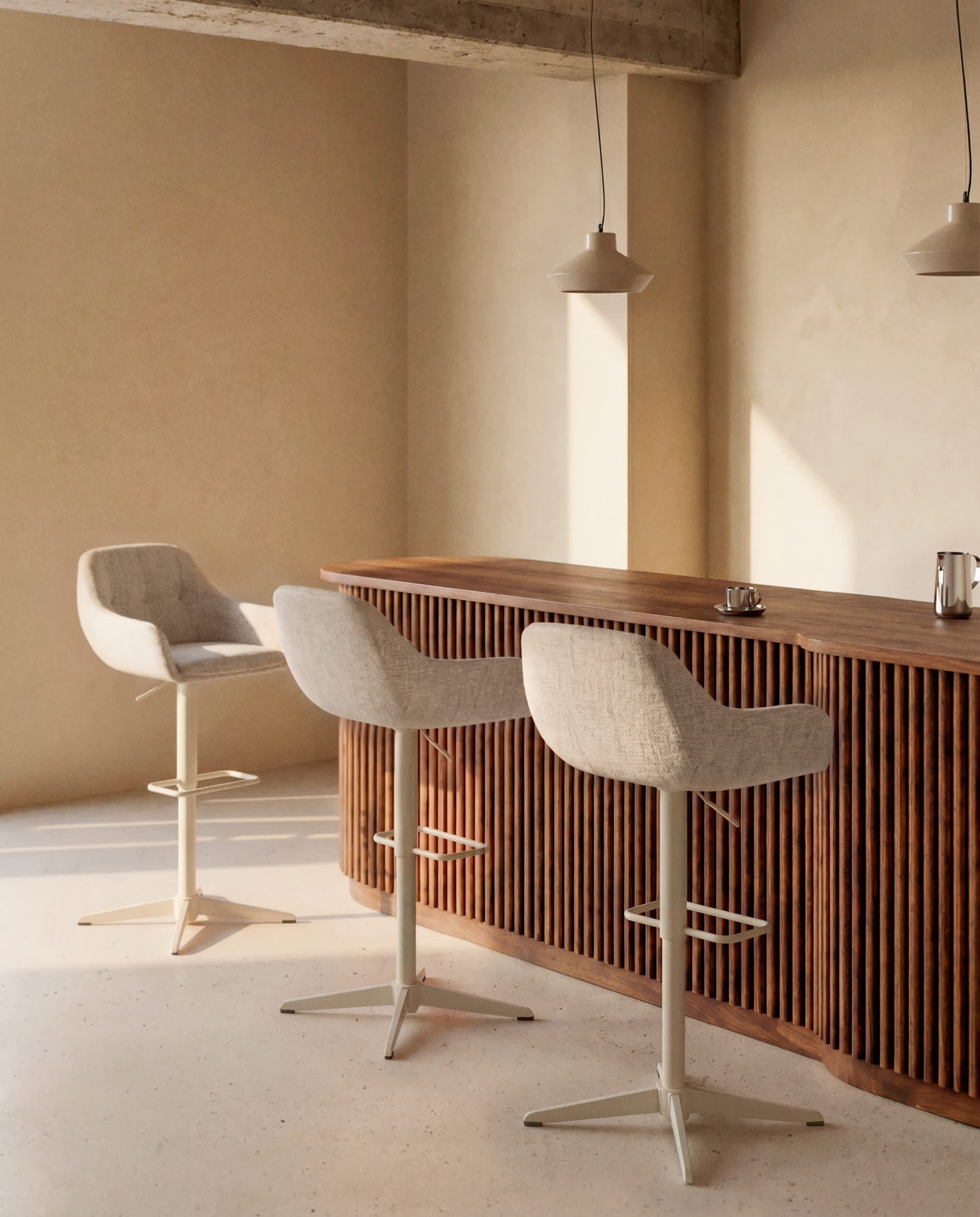 Dorina beige chenille swivel stool with beige-finish steel legs