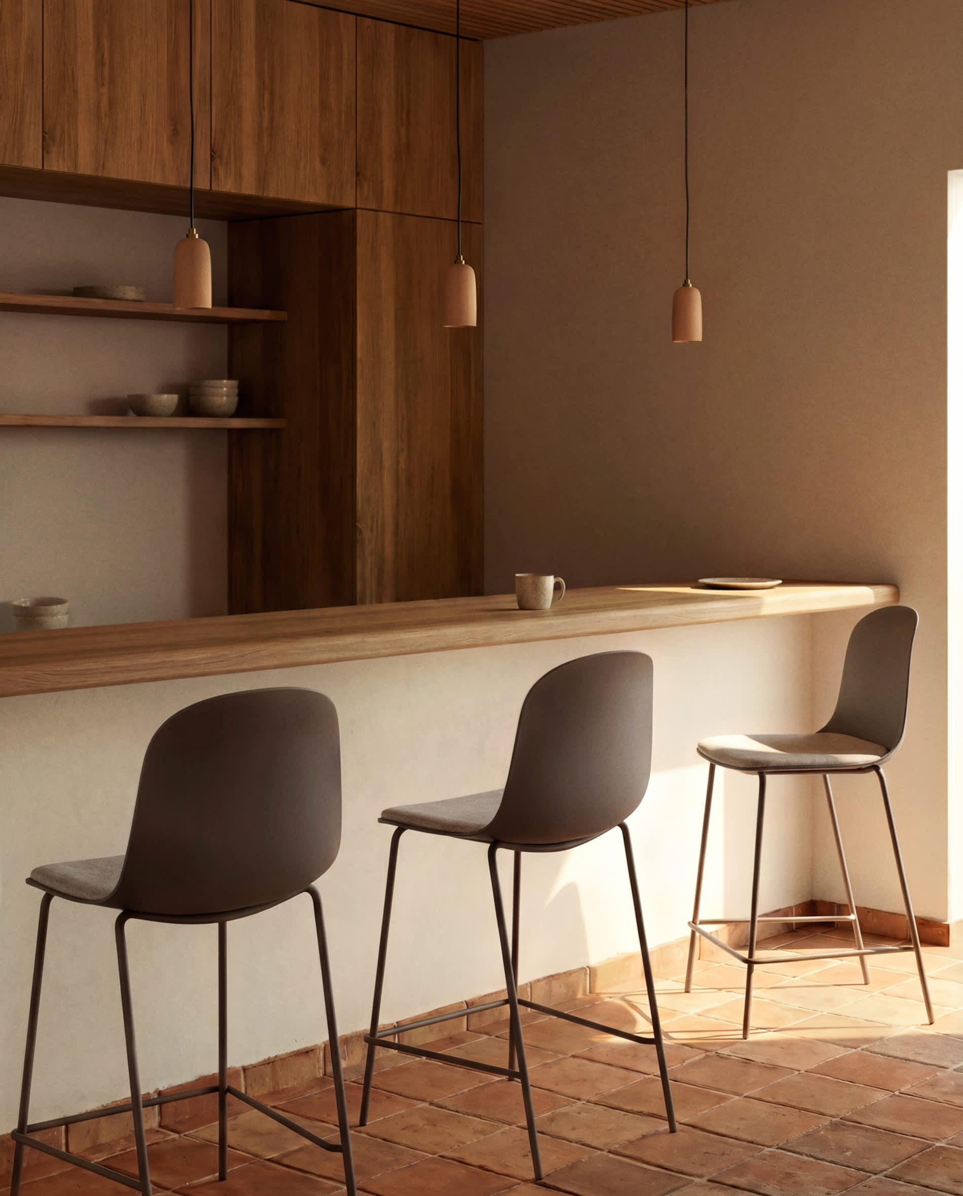 Debari stool with chenille cushion and brown-finish steel legs 65 cm