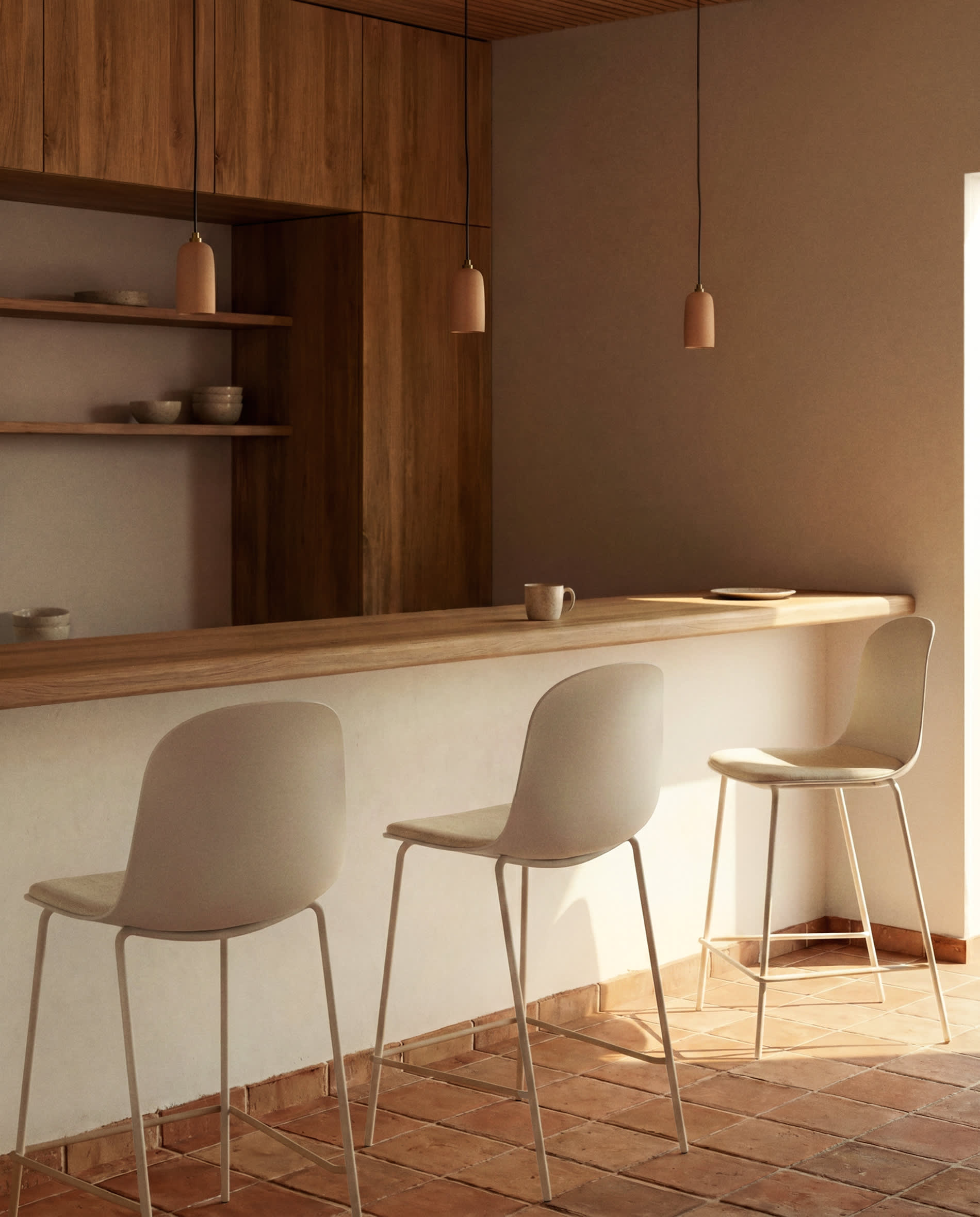 Debari stool with chenille cushion and beige-finish steel legs 65 cm