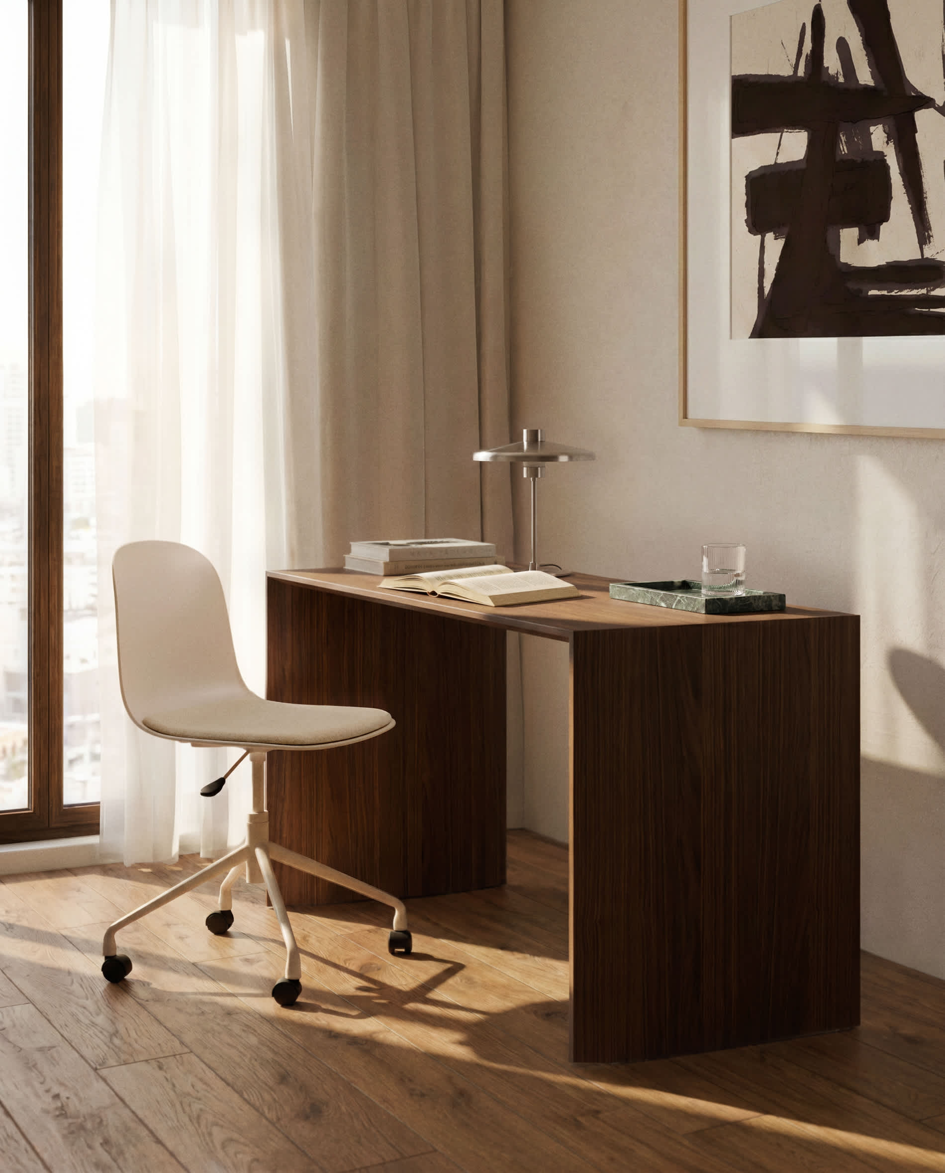 Debari desk chair with chenille cushion and beige-finish steel legs