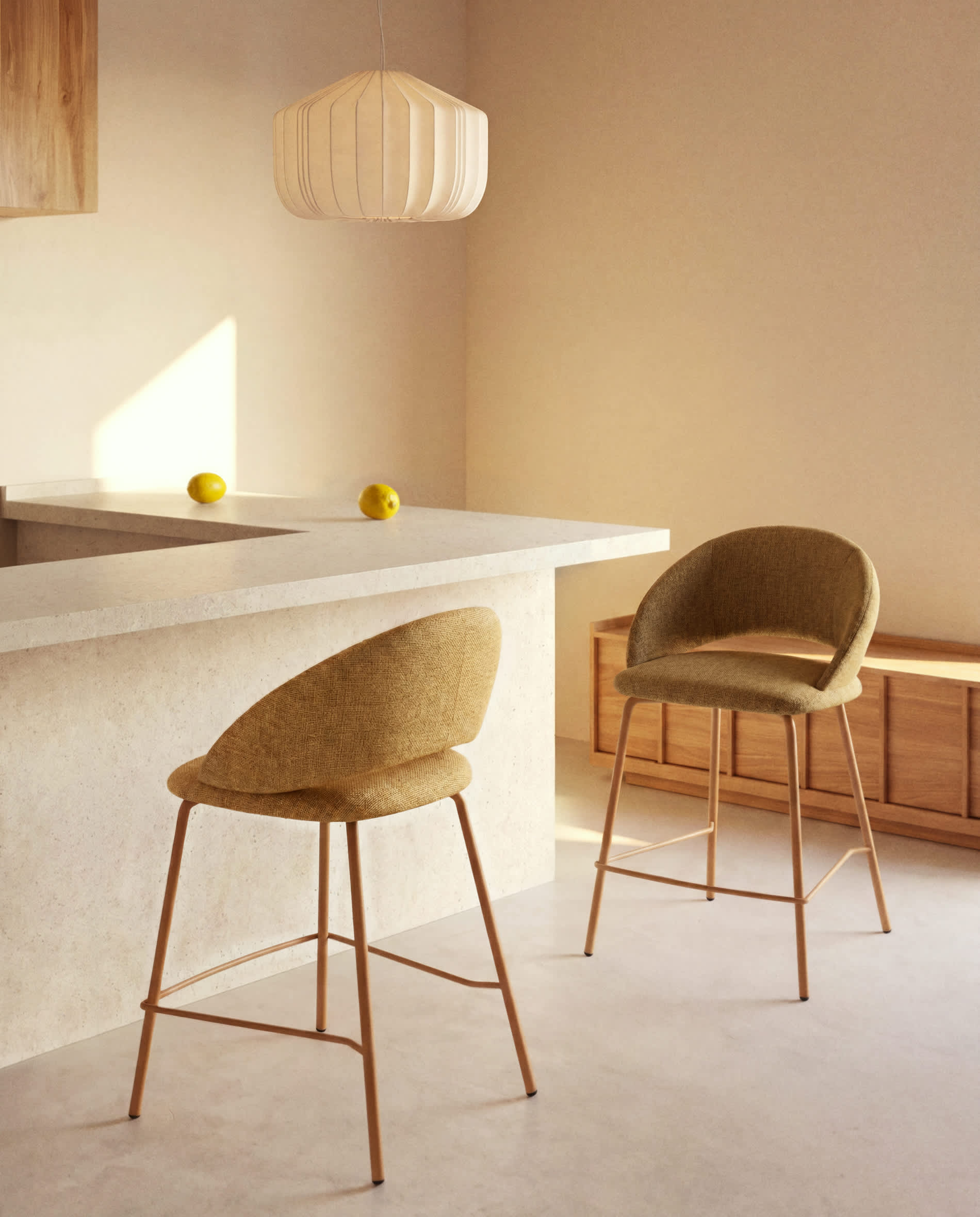 Bonali stool in mustard chenille with mustard metal legs FSC Mix Credit 65cm