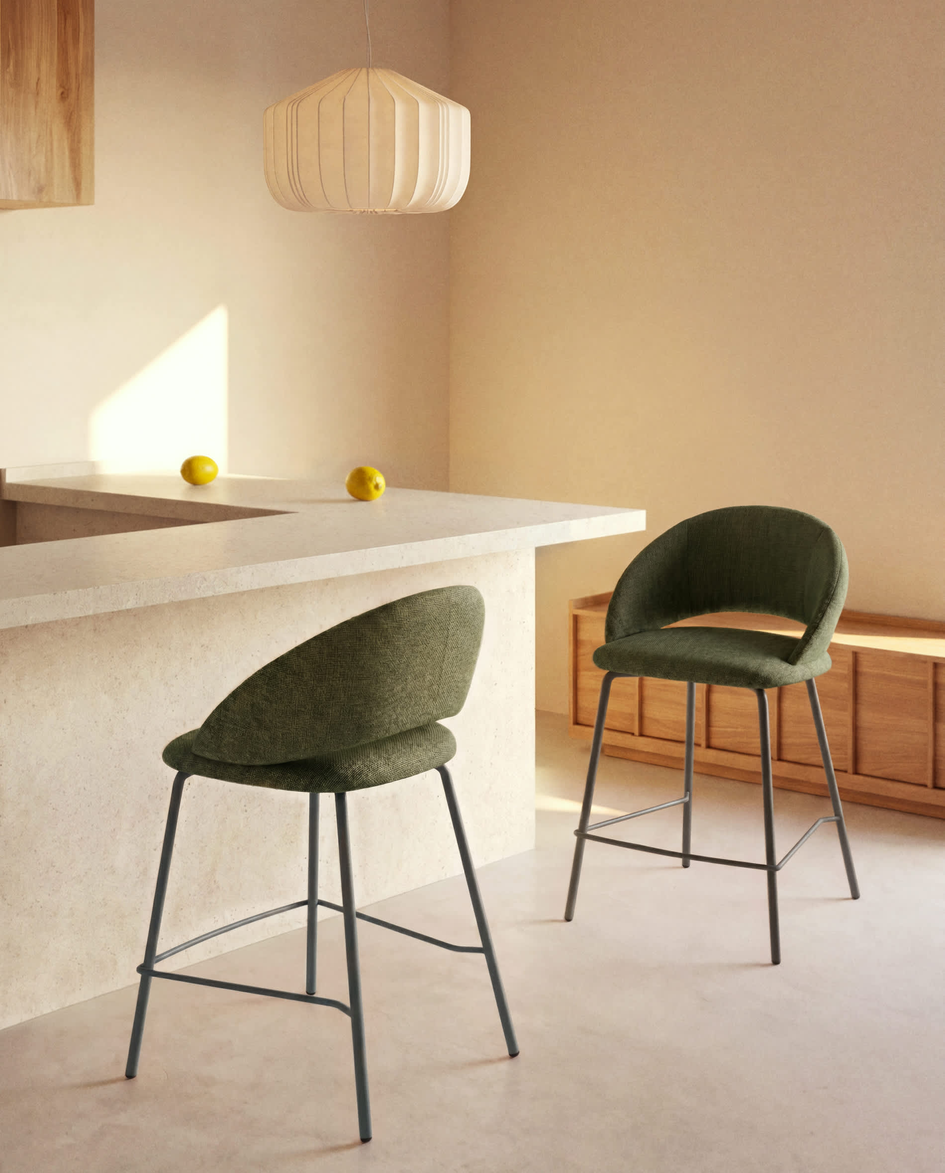 Bonali stool in green chenille with green metal legs FSC Mix Credit 65cm