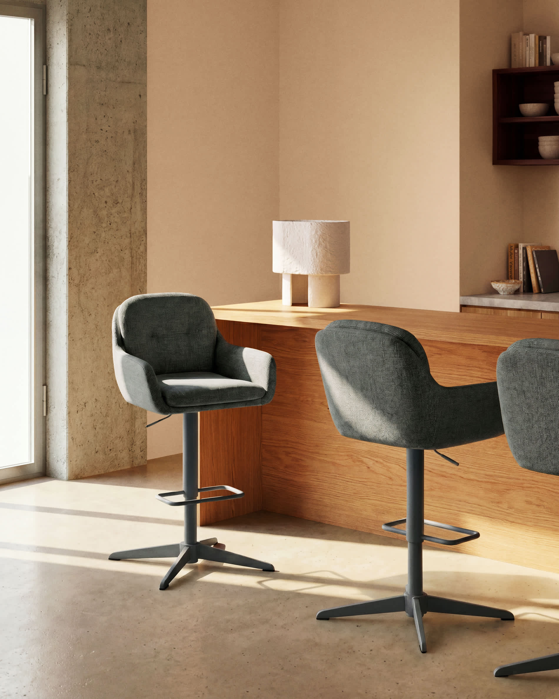 Lexa green chenille swivel stool with green-finish steel legs