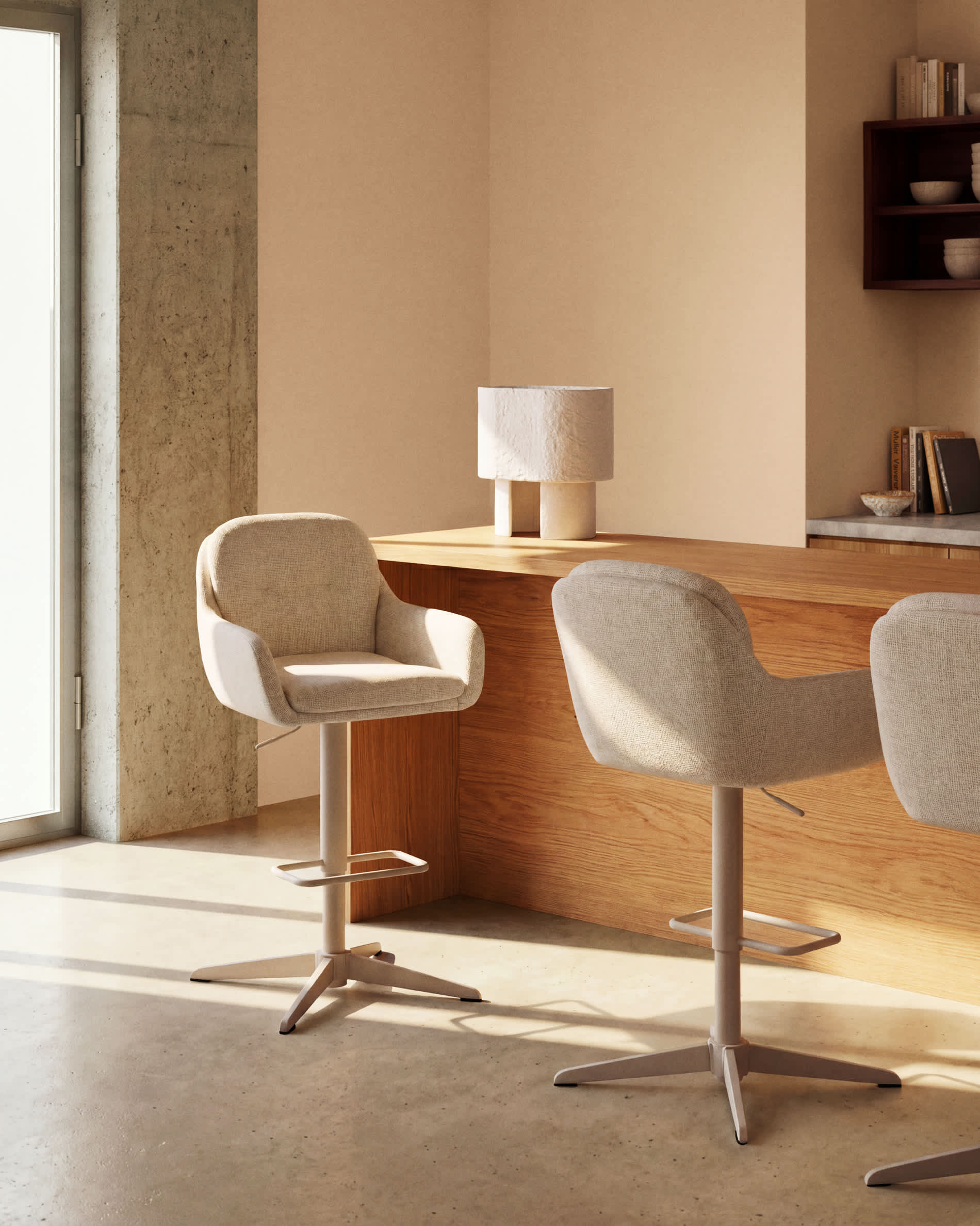 Lexa beige chenille swivel stool with beige-finish steel legs