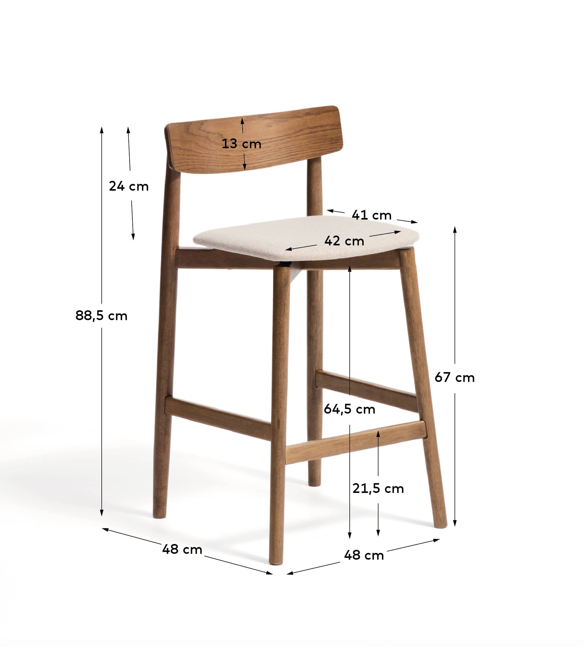 Evera stool with backrest in oak veneer with walnut finish and brown chenille 65cm