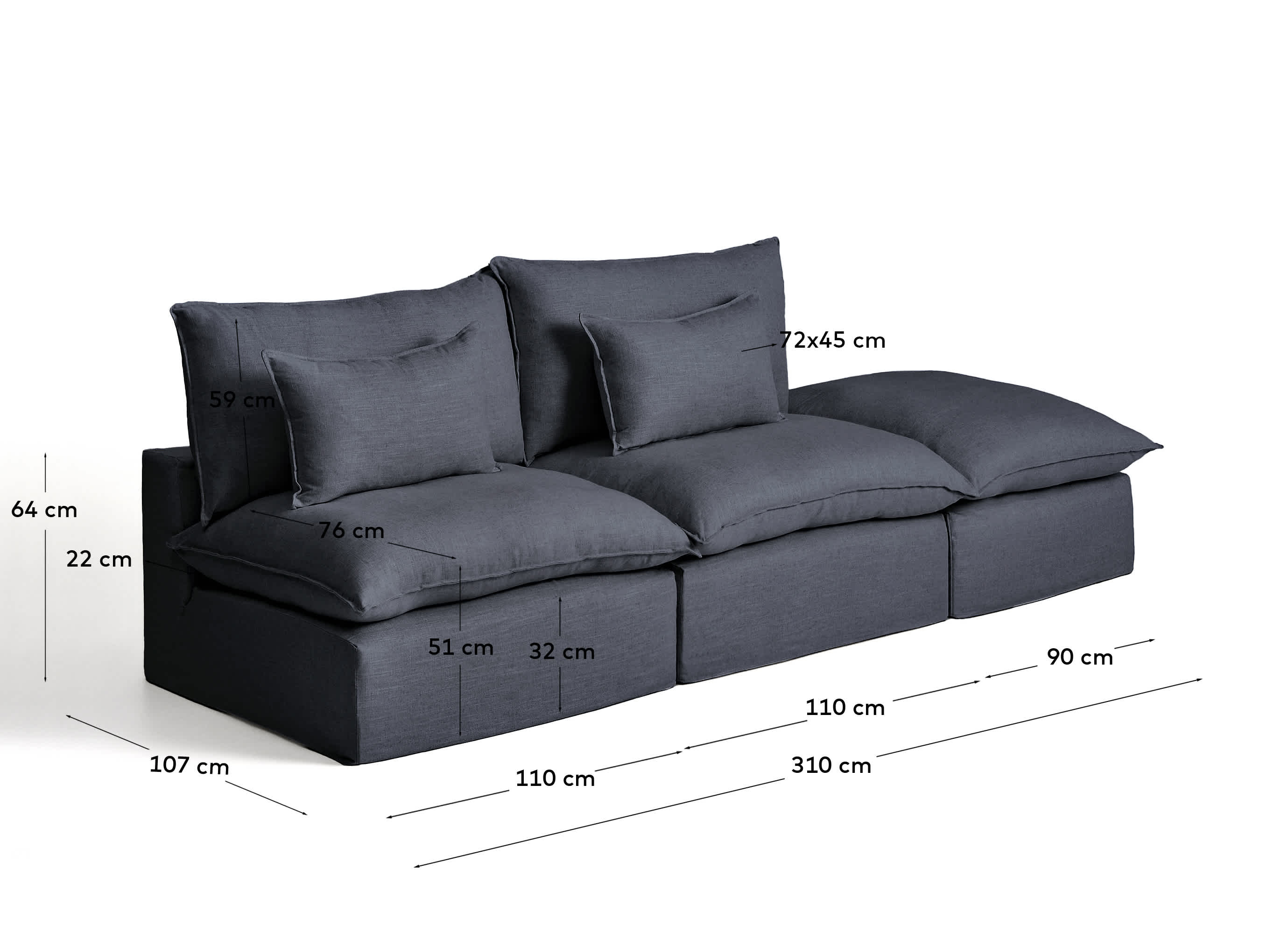 Anarela dark grey linen and viscose 3-seater modular sofa with end module and removable cover 310cm FSC Mix Credit