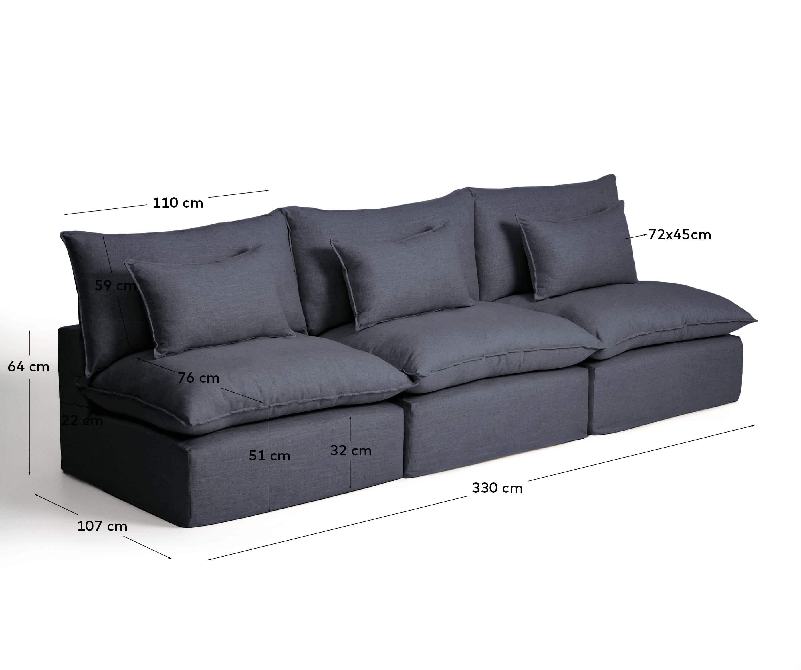 Anarela dark grey linen and viscose 5-seater modular sofa with removable cover 330cm FSC Mix Credit