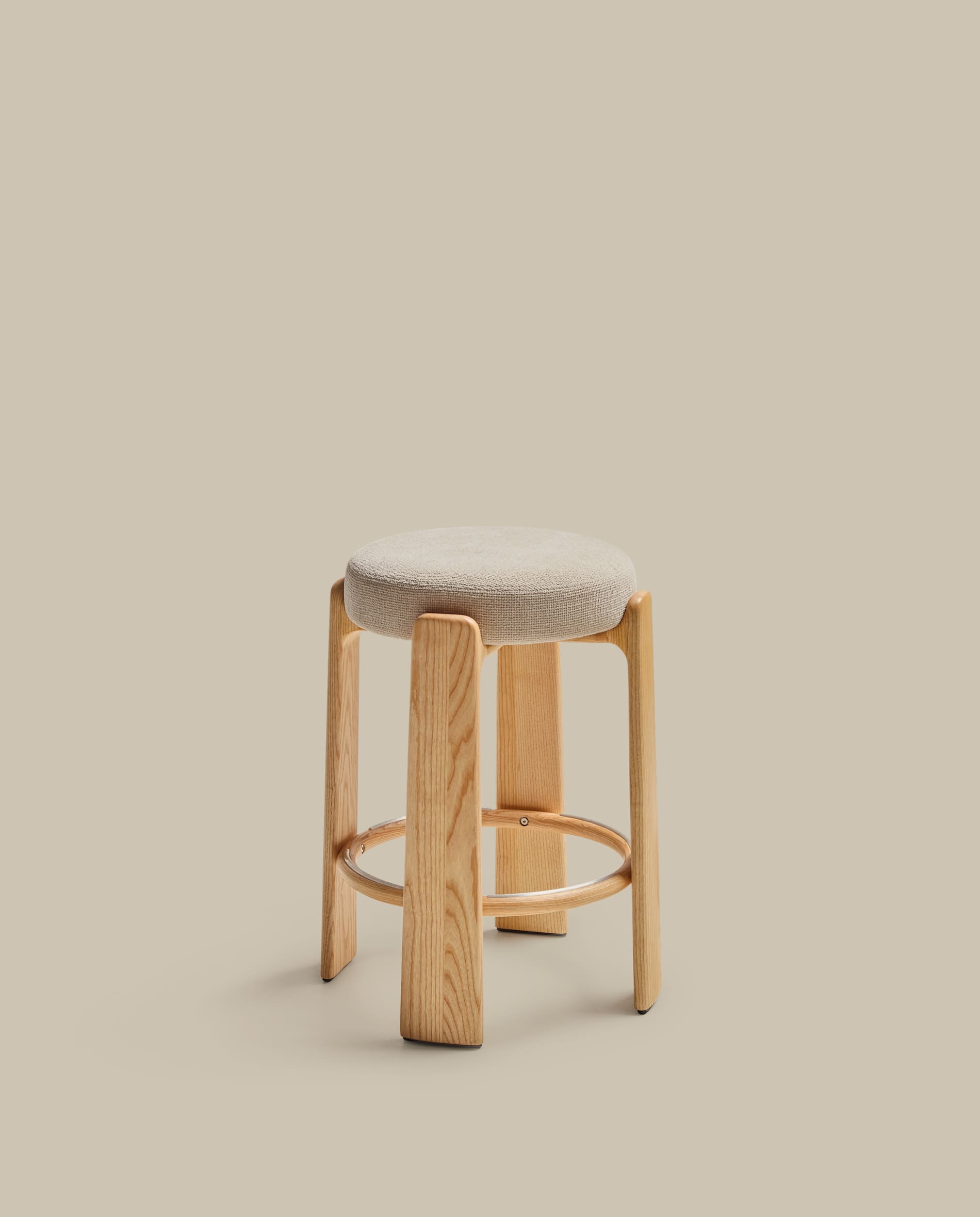 Granite fire-retardant stool in beige chenille and solid ash wood with natural-coloured finish FSC 100% 65cm