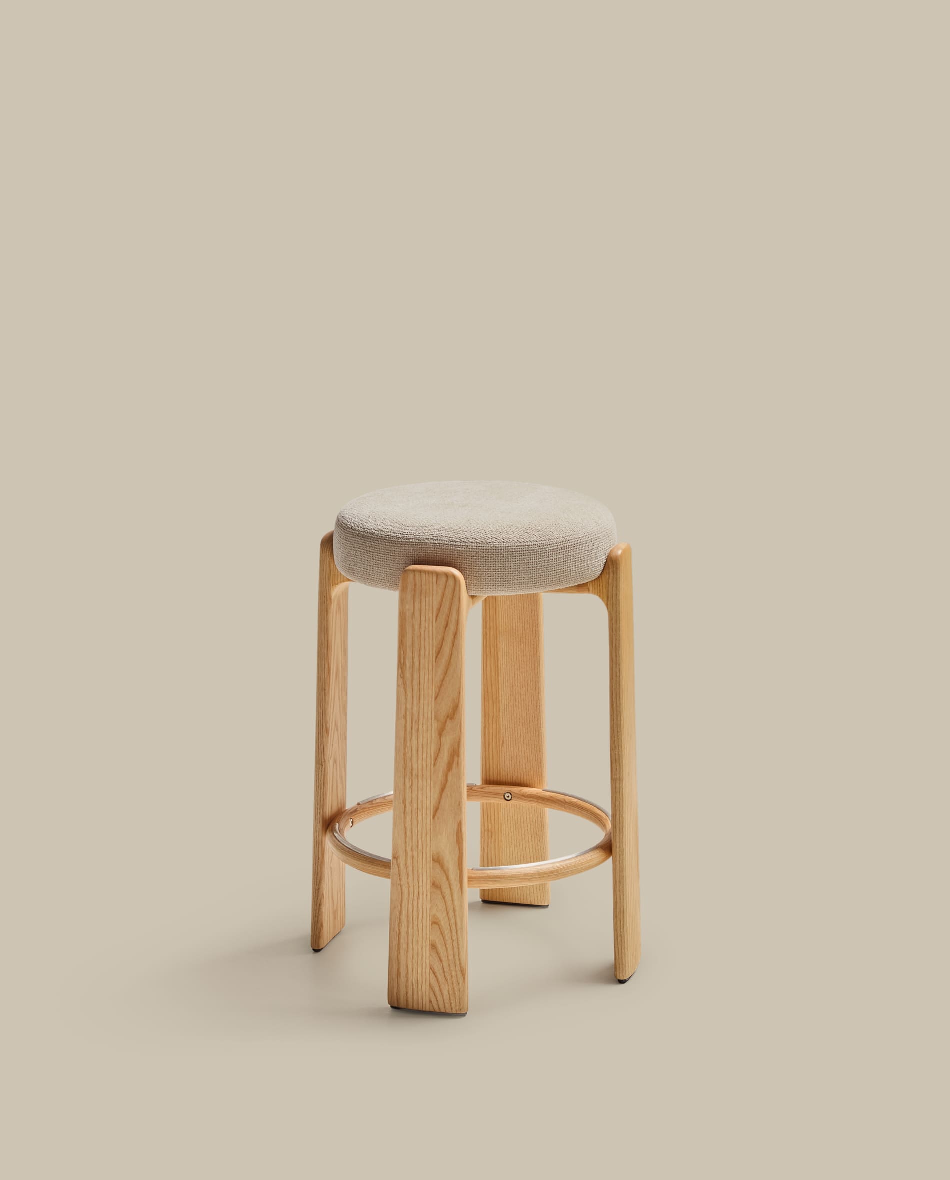 Granite fire-retardant stool in beige chenille and solid ash wood with natural-coloured finish FSC 100% 75cm