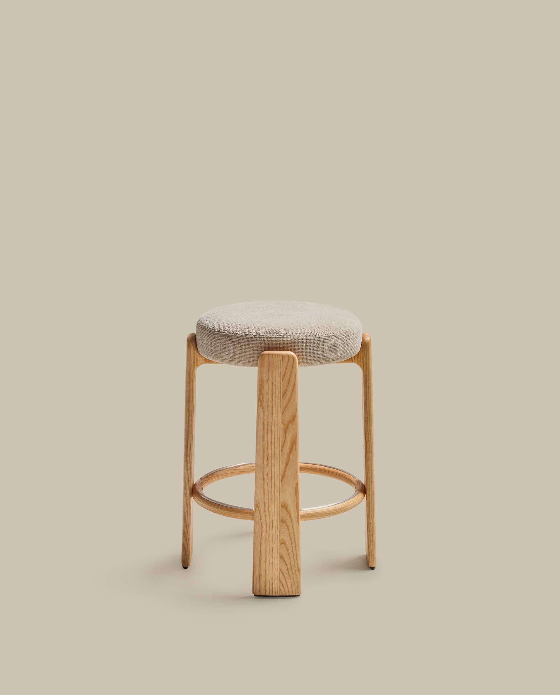 Granite fire-retardant stool in beige chenille and solid ash wood with natural-coloured finish FSC 100% 65cm