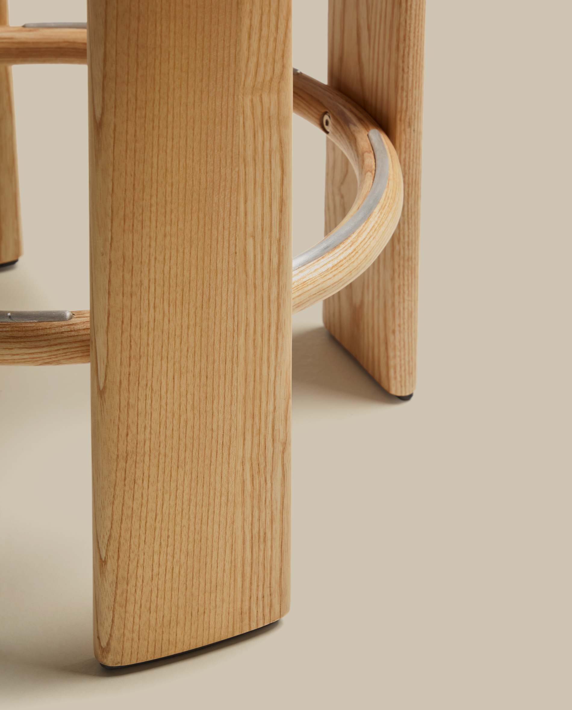 Granite fire-retardant stool in beige chenille and solid ash wood with natural-coloured finish FSC 100% 75cm
