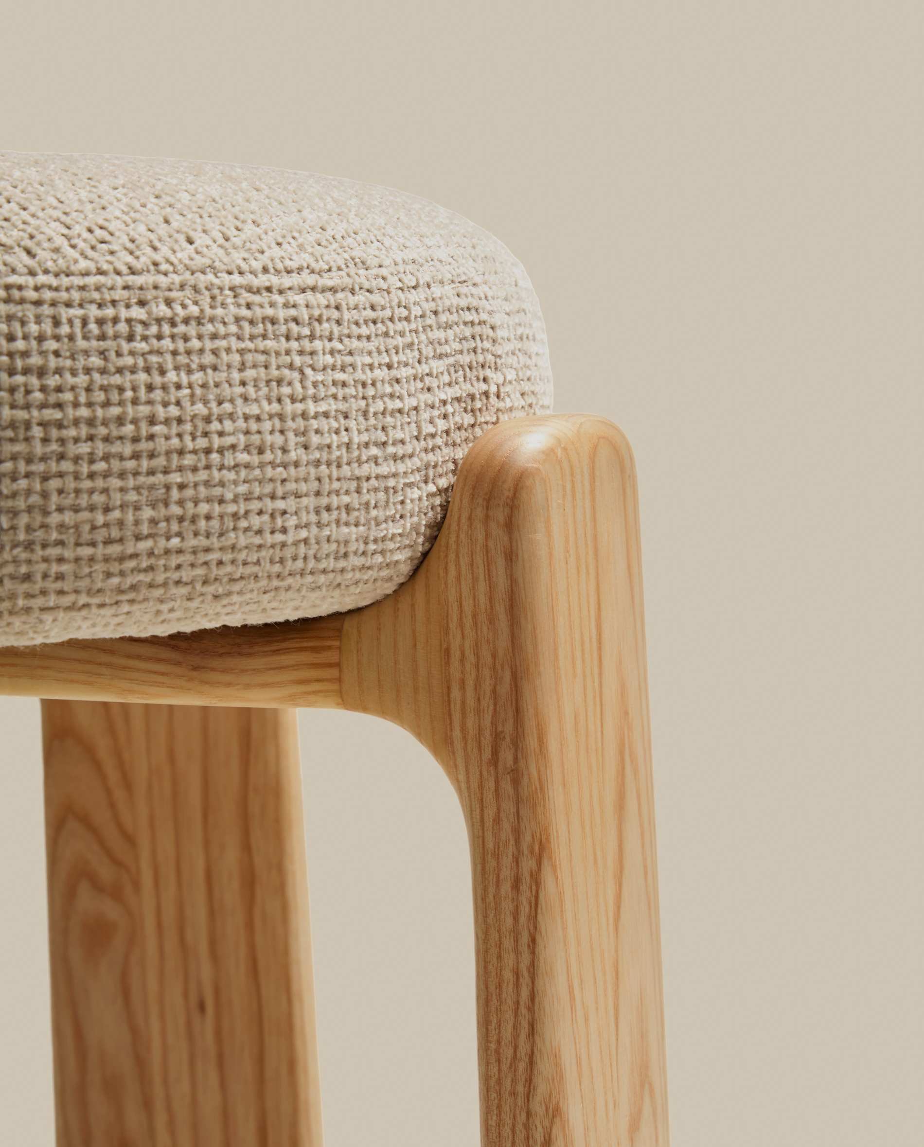 Granite fire-retardant stool in beige chenille and solid ash wood with natural-coloured finish FSC 100% 75cm