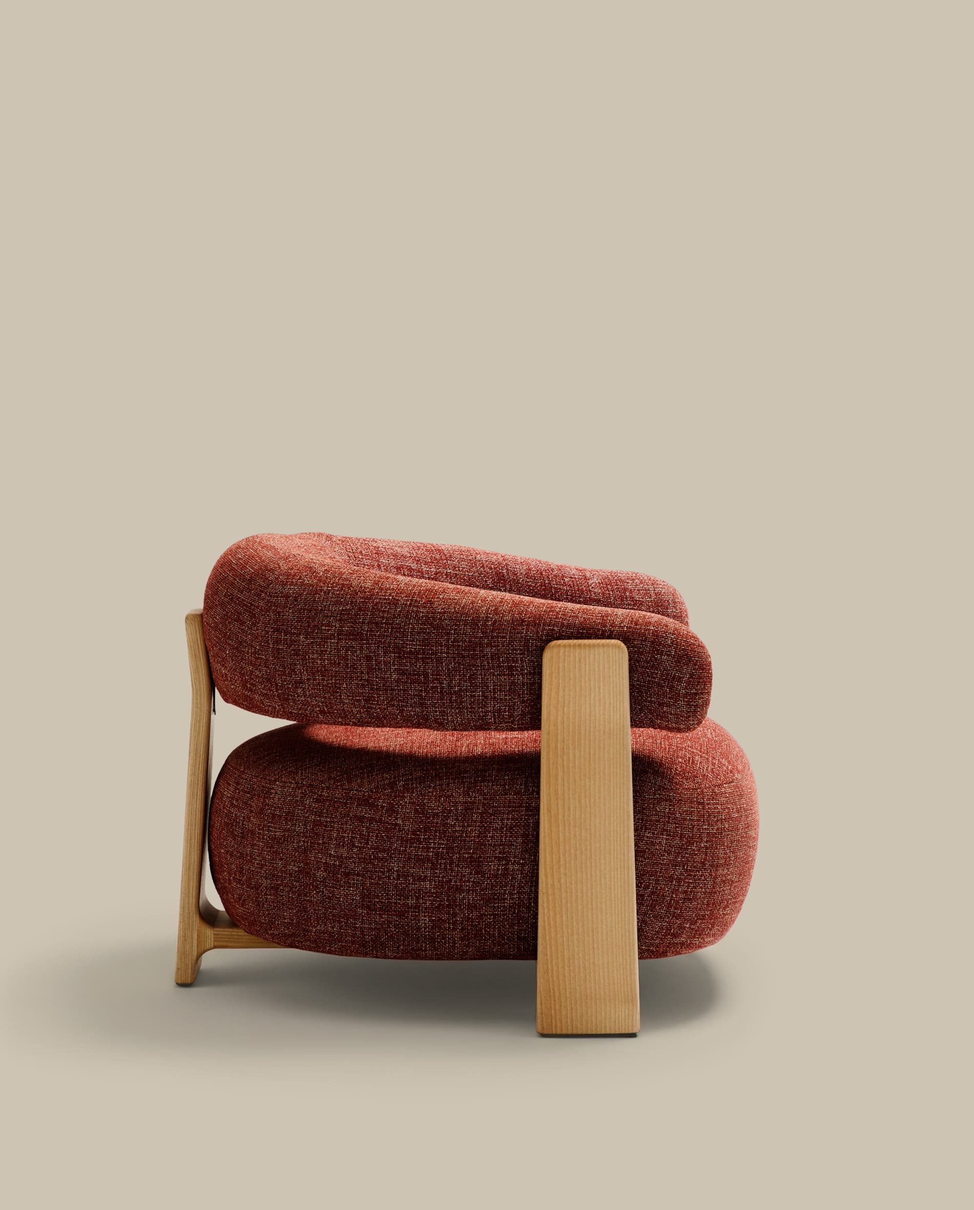 Granite fire-retardant armchair in terracotta chenille and solid ash wood with natural-coloured finish FSC 100%