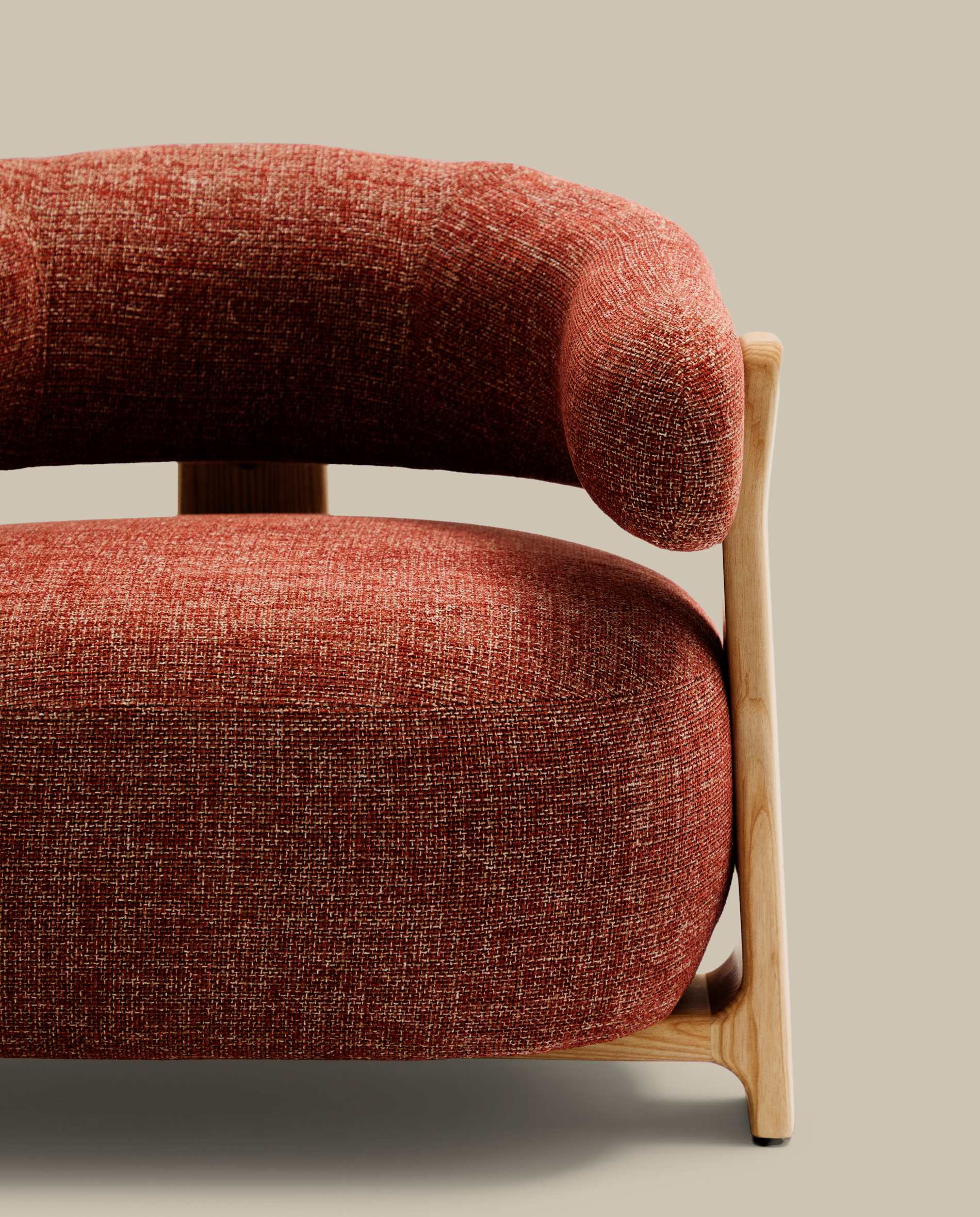 Granite fire-retardant armchair in terracotta chenille and solid ash wood with natural-coloured finish FSC 100%