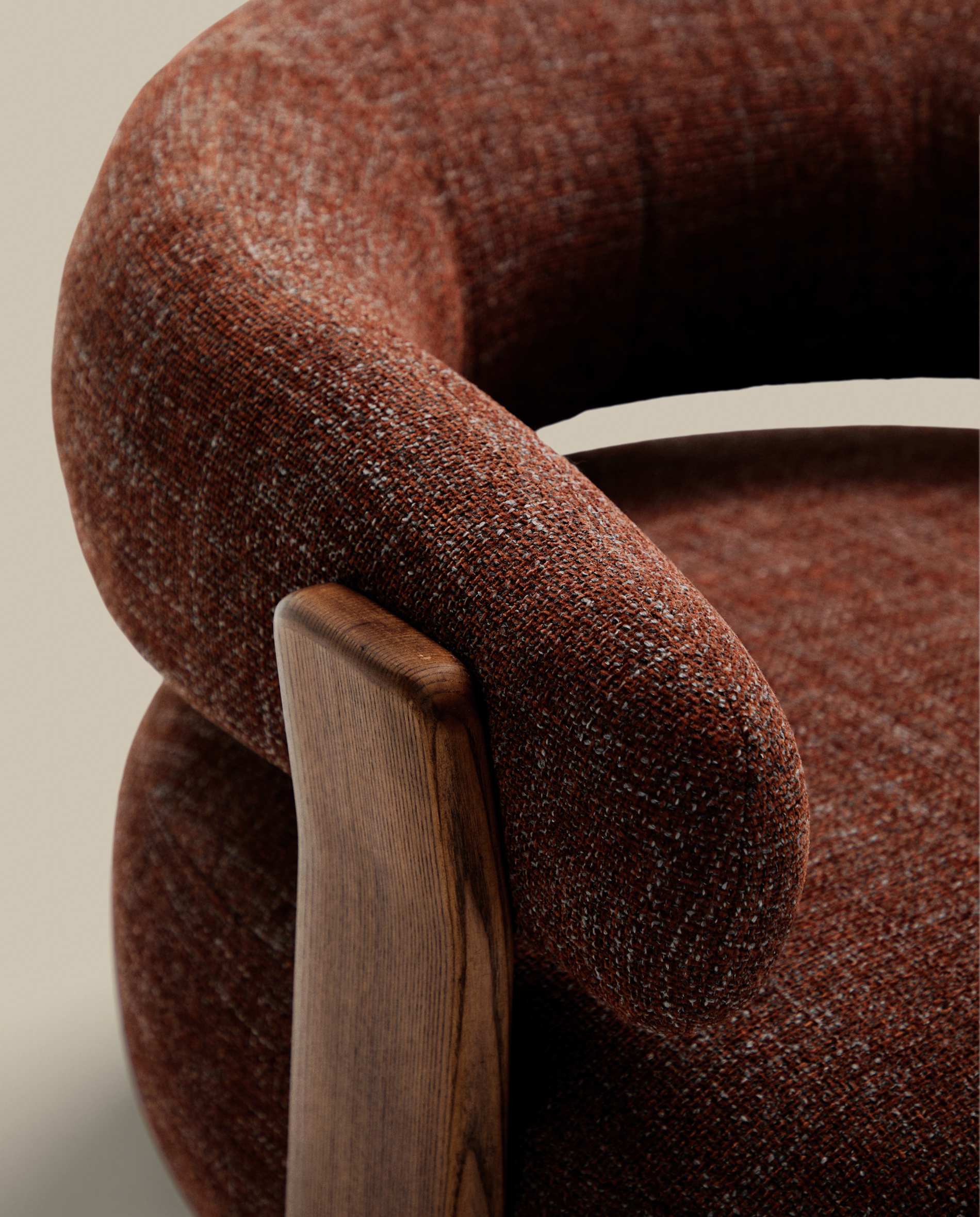 Granite fire-retardant armchair in brown chenille and solid ash wood with walnut-coloured finish FSC 100%
