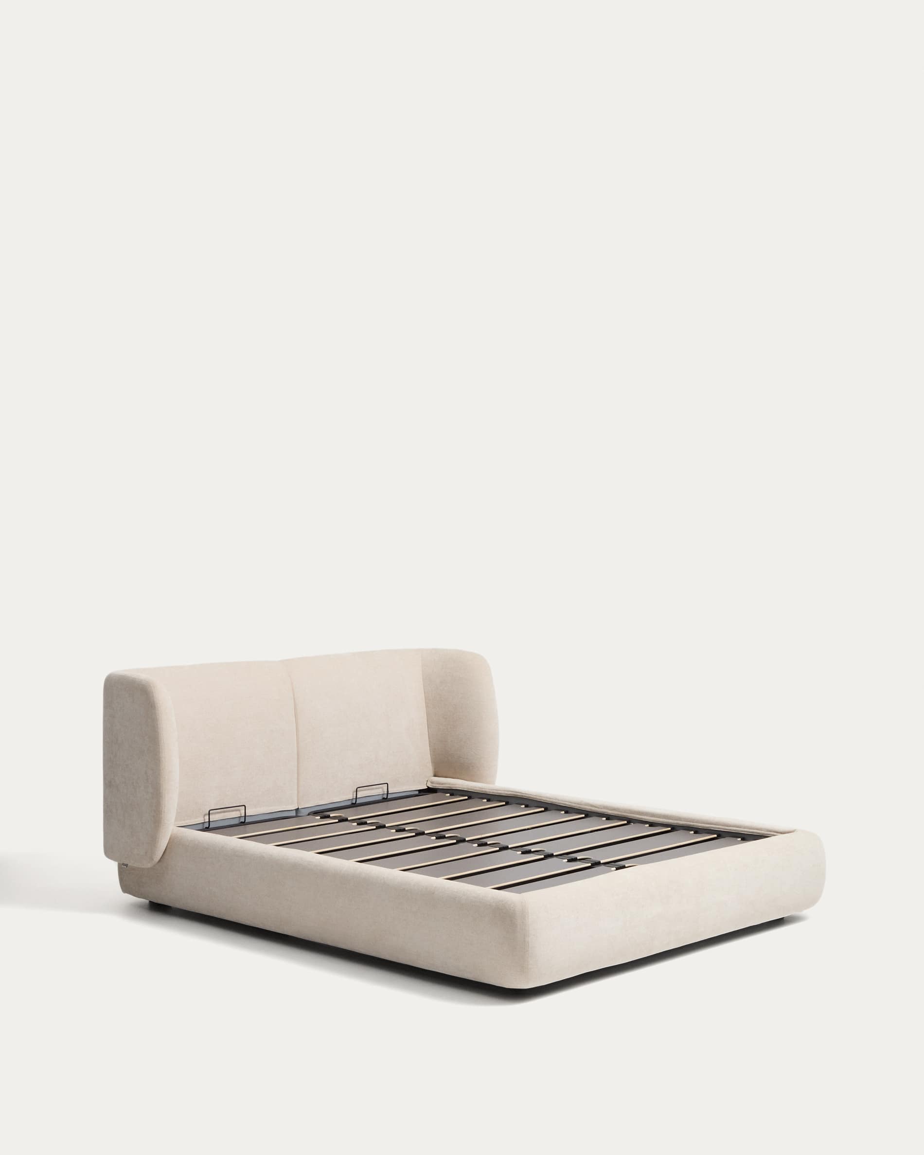 Nerla bed with removable covers and ottoman bed base in beige chenille for a 160 x 200 cm mattress