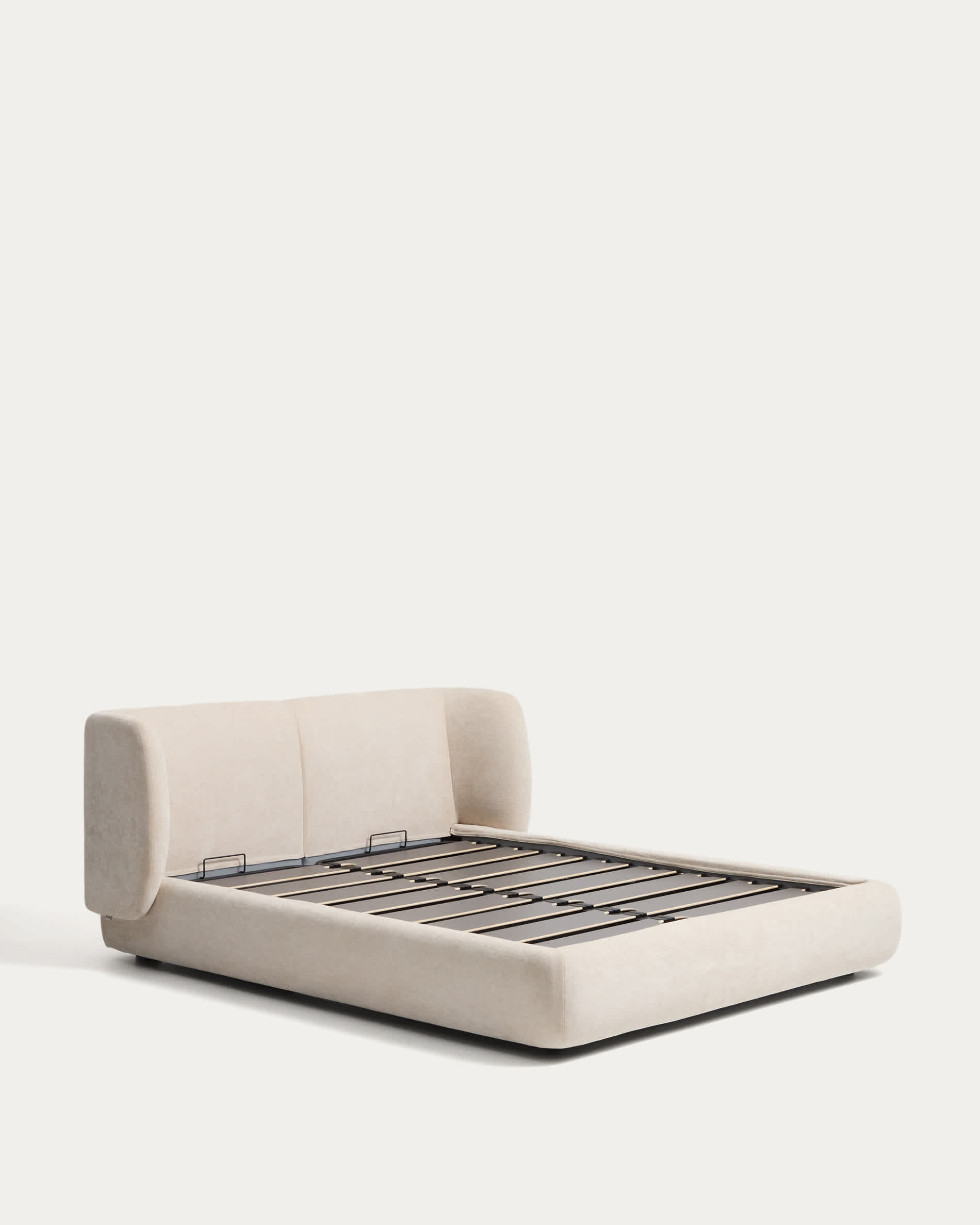 Nerla beige chenille bed with removable covers and folding storage base for 180 x 200 cm mattress
