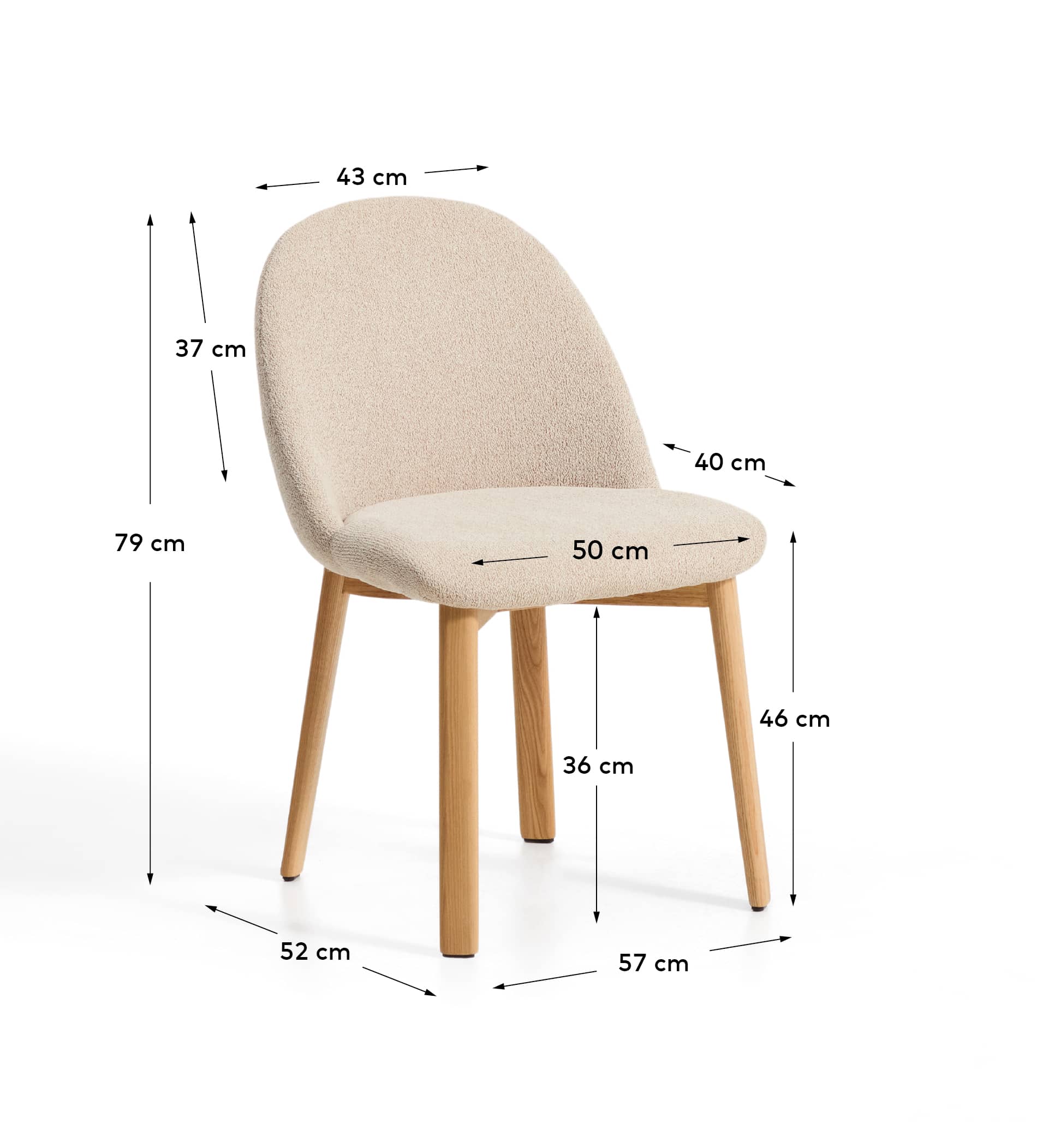 Meila chair in beige chenille with legs in solid ash wood with natural finish