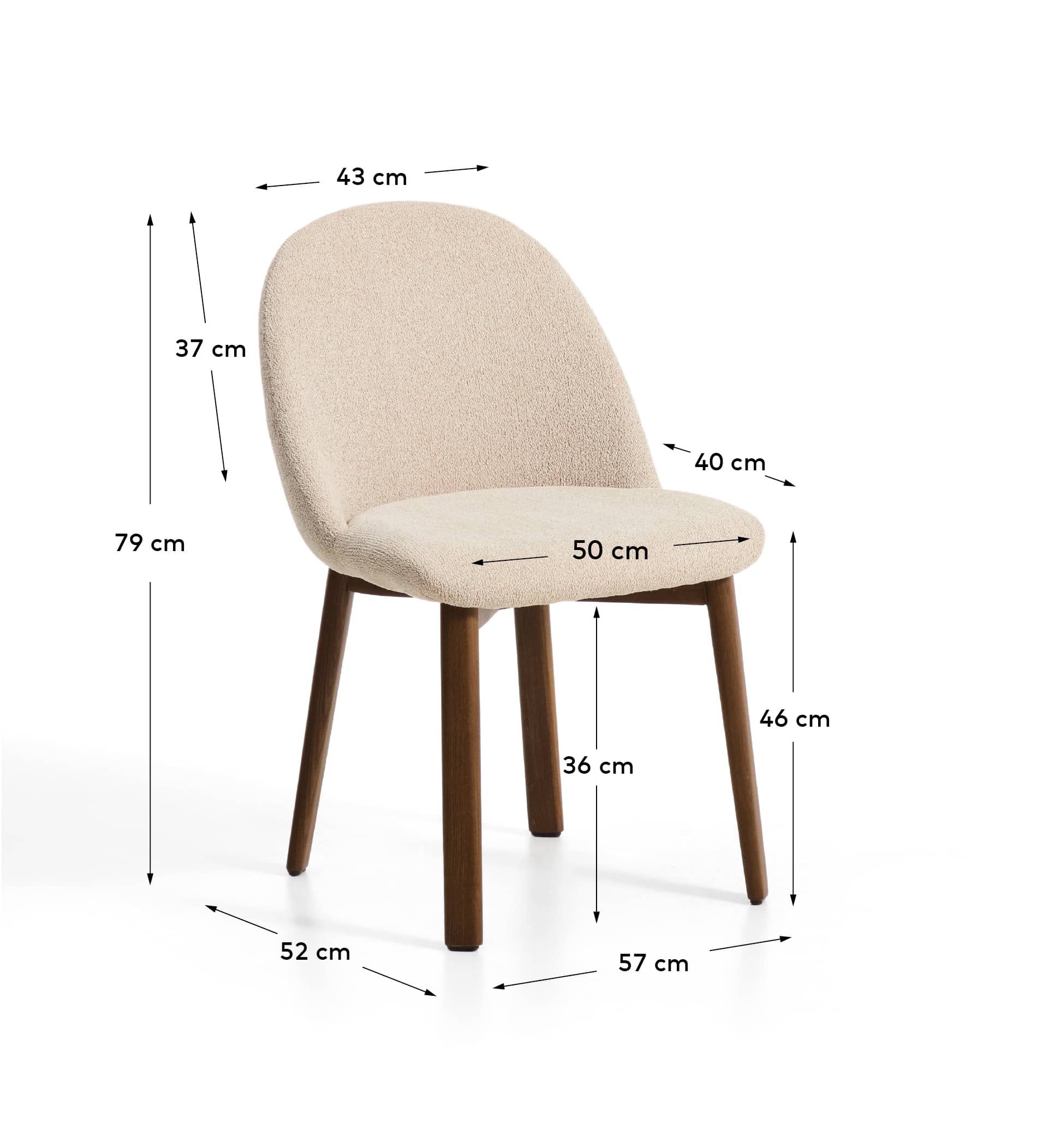 Meila chair in beige chenille with legs in solid ash wood with walnut finish