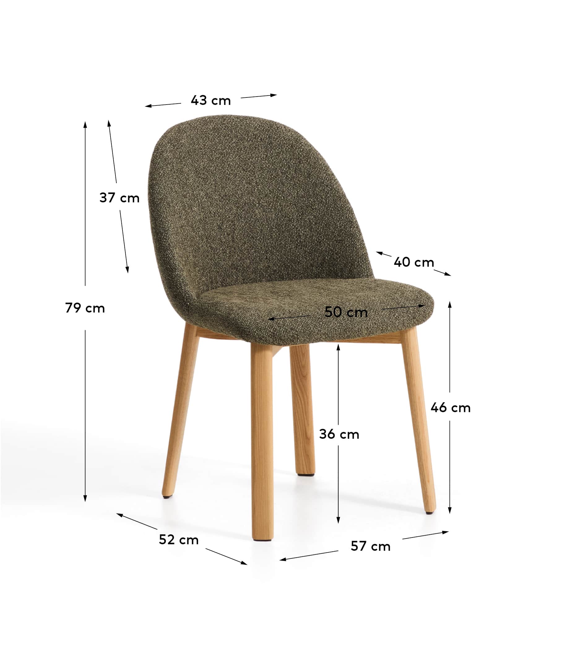 Meila chair in green chenille with legs in solid ash wood with natural finish
