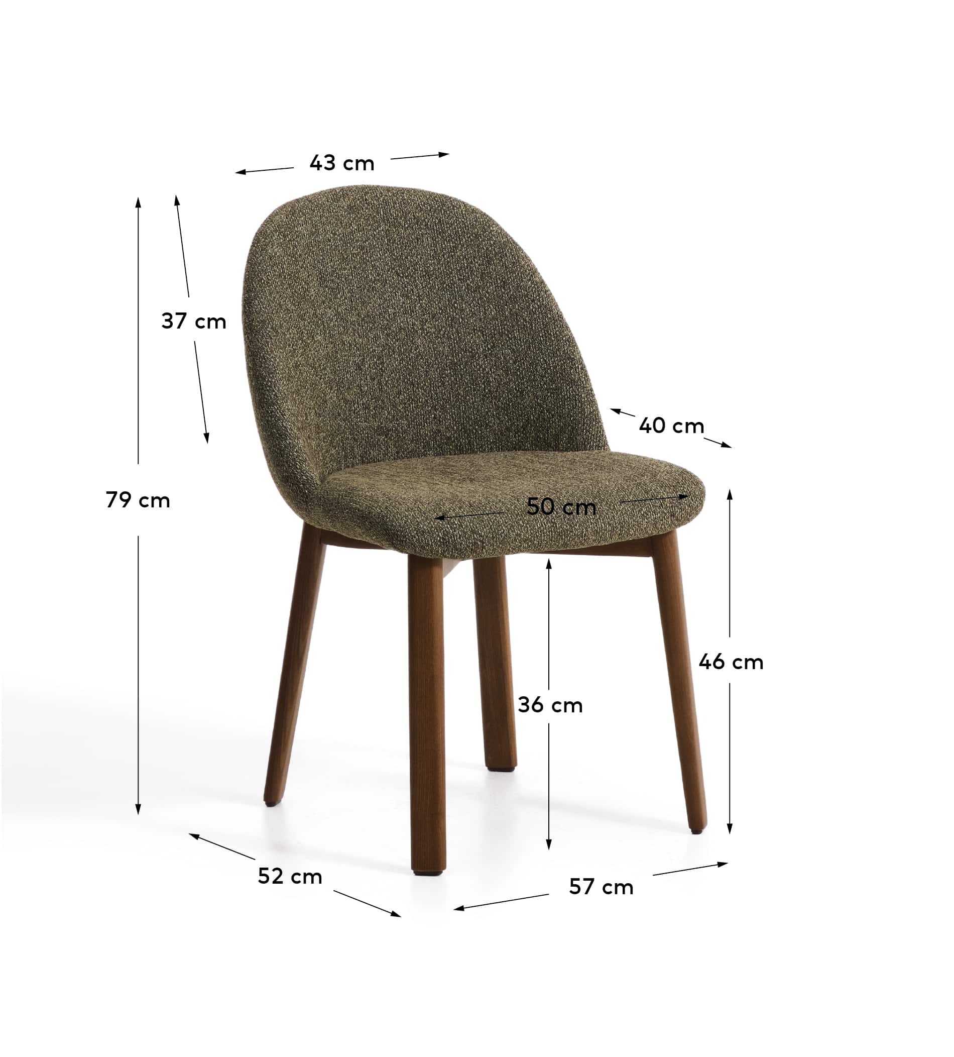 Meila chair in green chenille with legs in solid ash wood with walnut finish