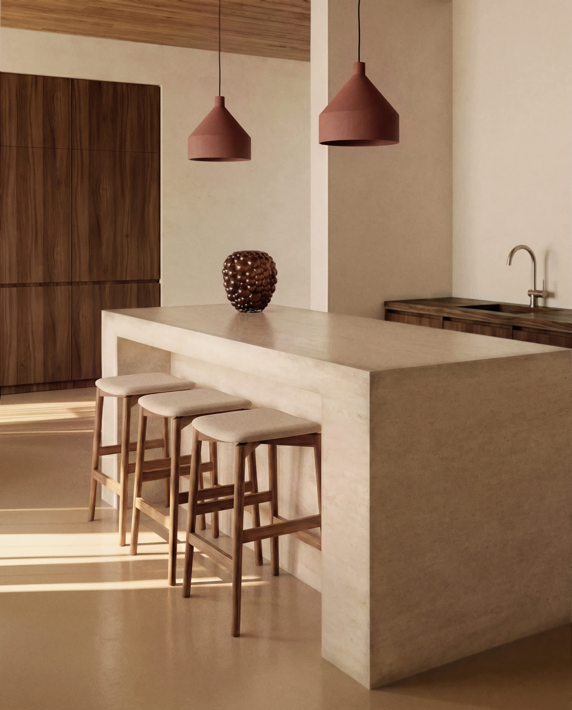 Evera stool in oak veneer with walnut finish and brown chenille 65cm