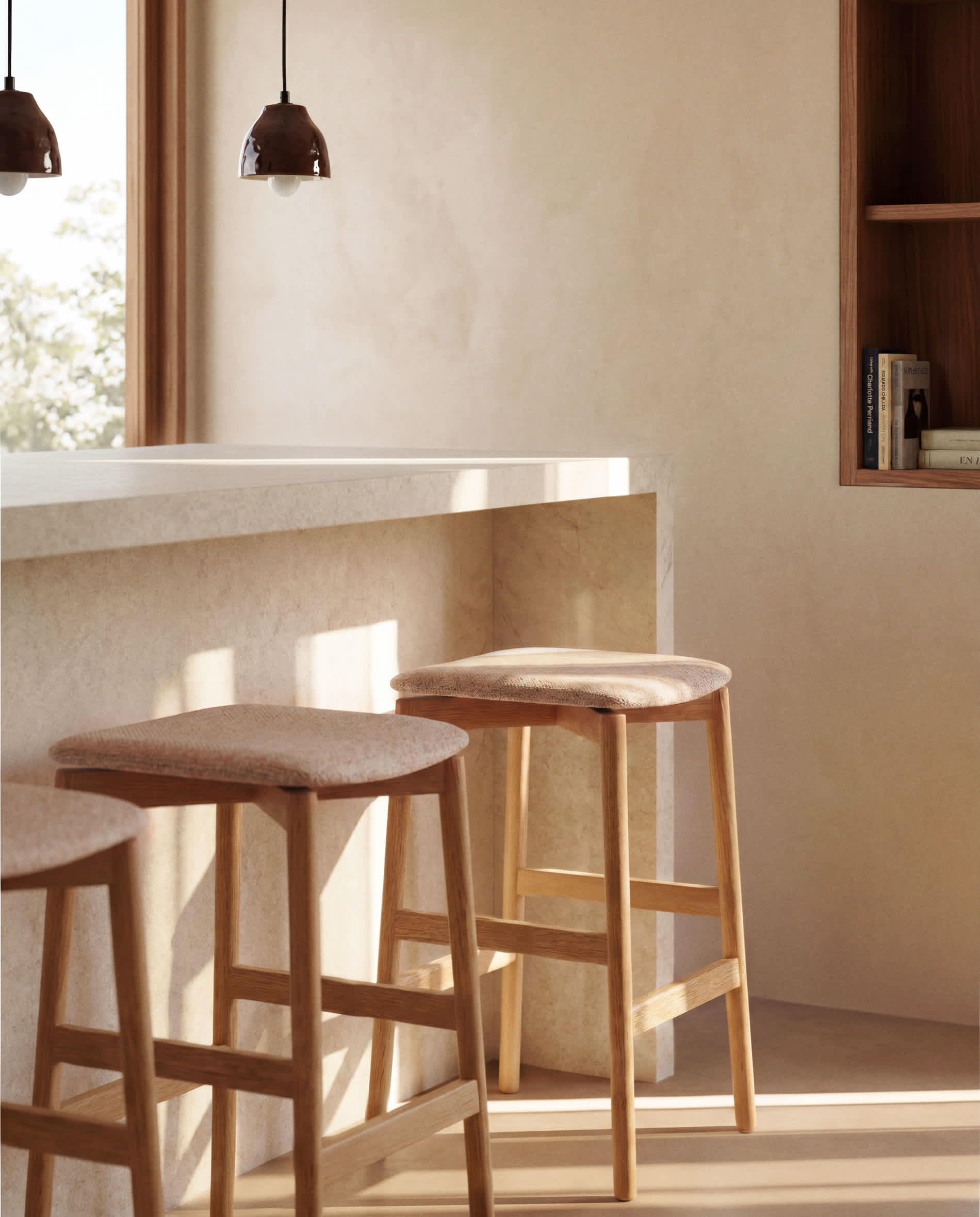 Evera stool in oak veneer with natural finish and beige chenille 65cm