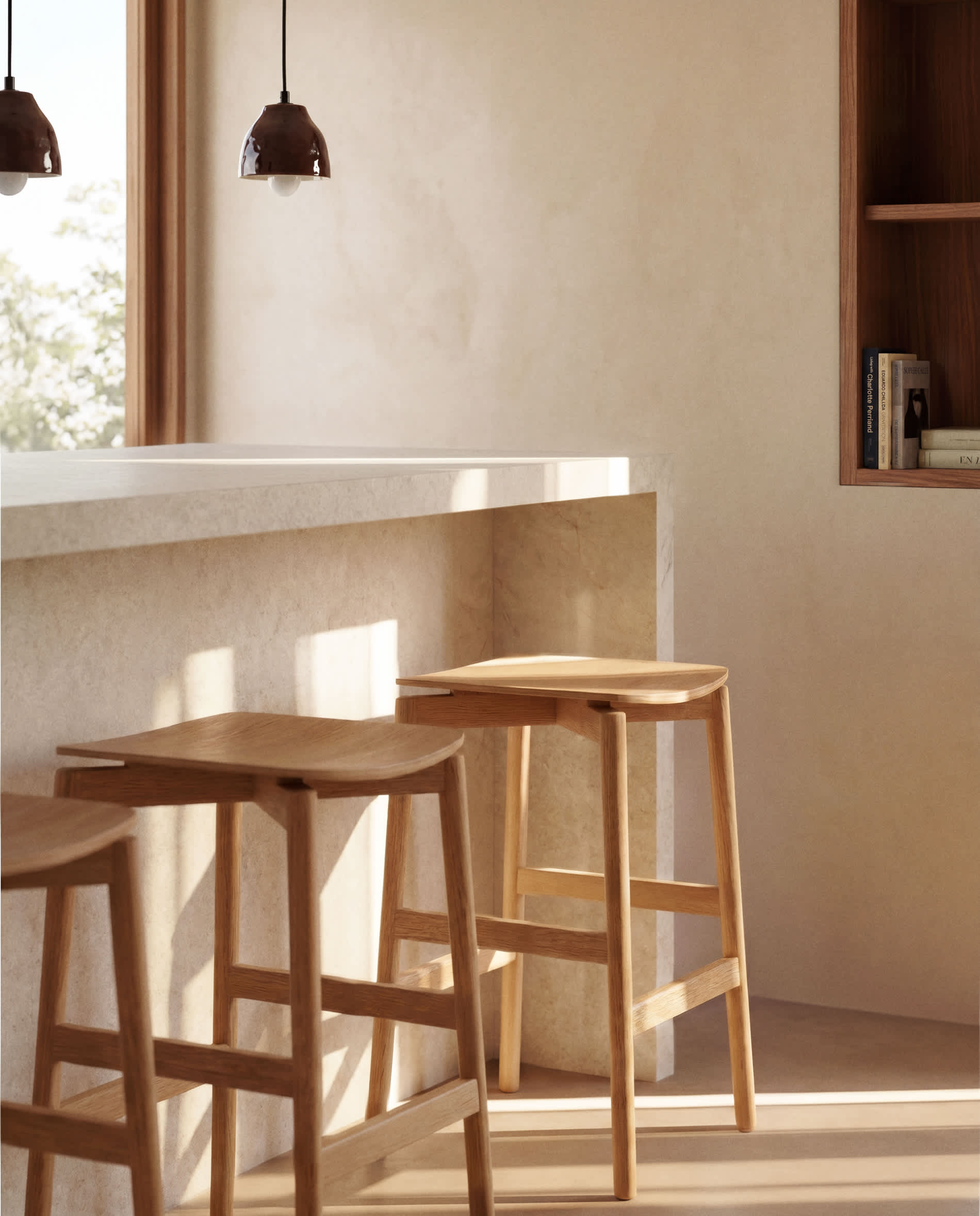 Evera stool in oak veneer with natural finish 65cm