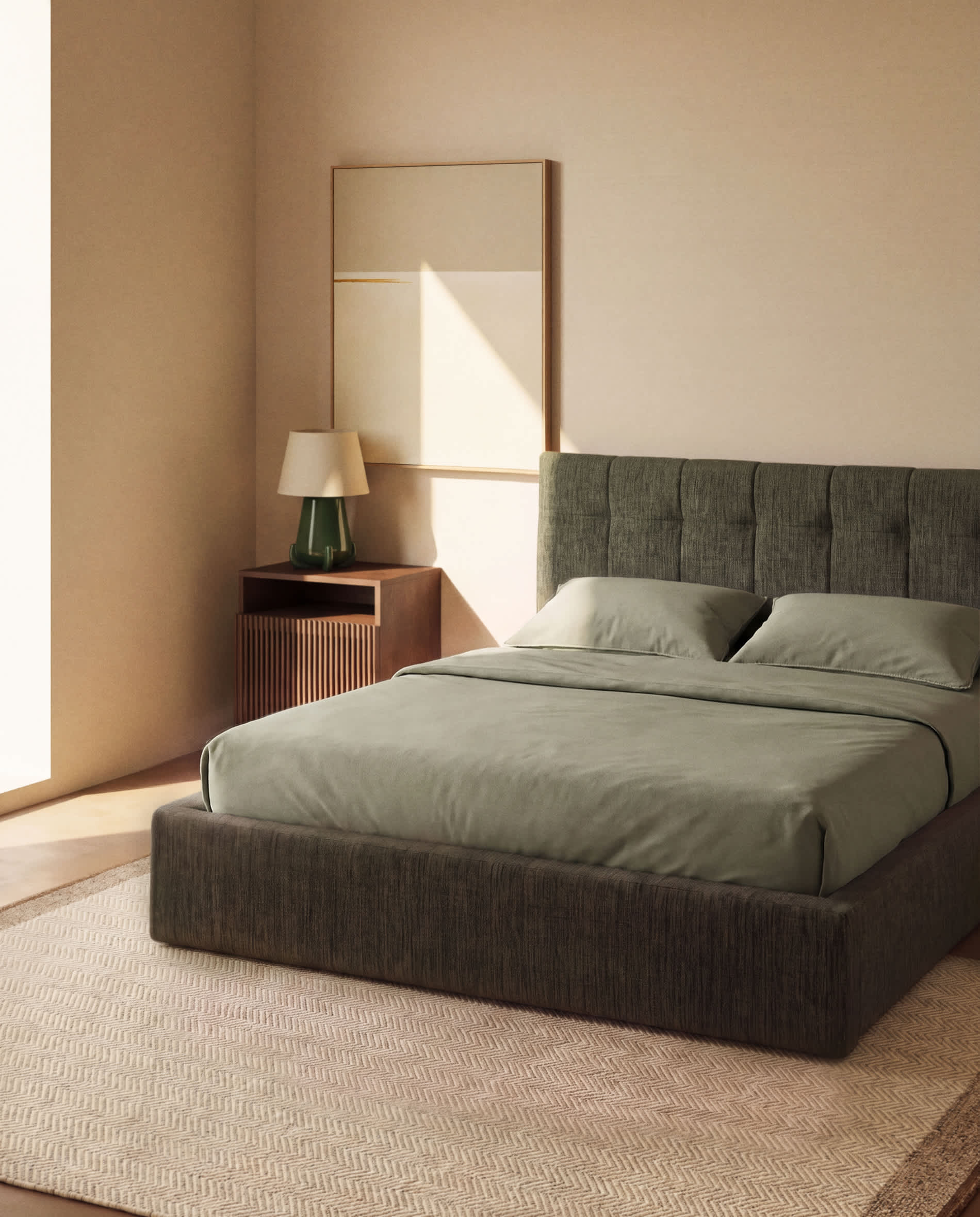 Darnela moss green chenille bed with folding storage base for 150 x 200cm mattress