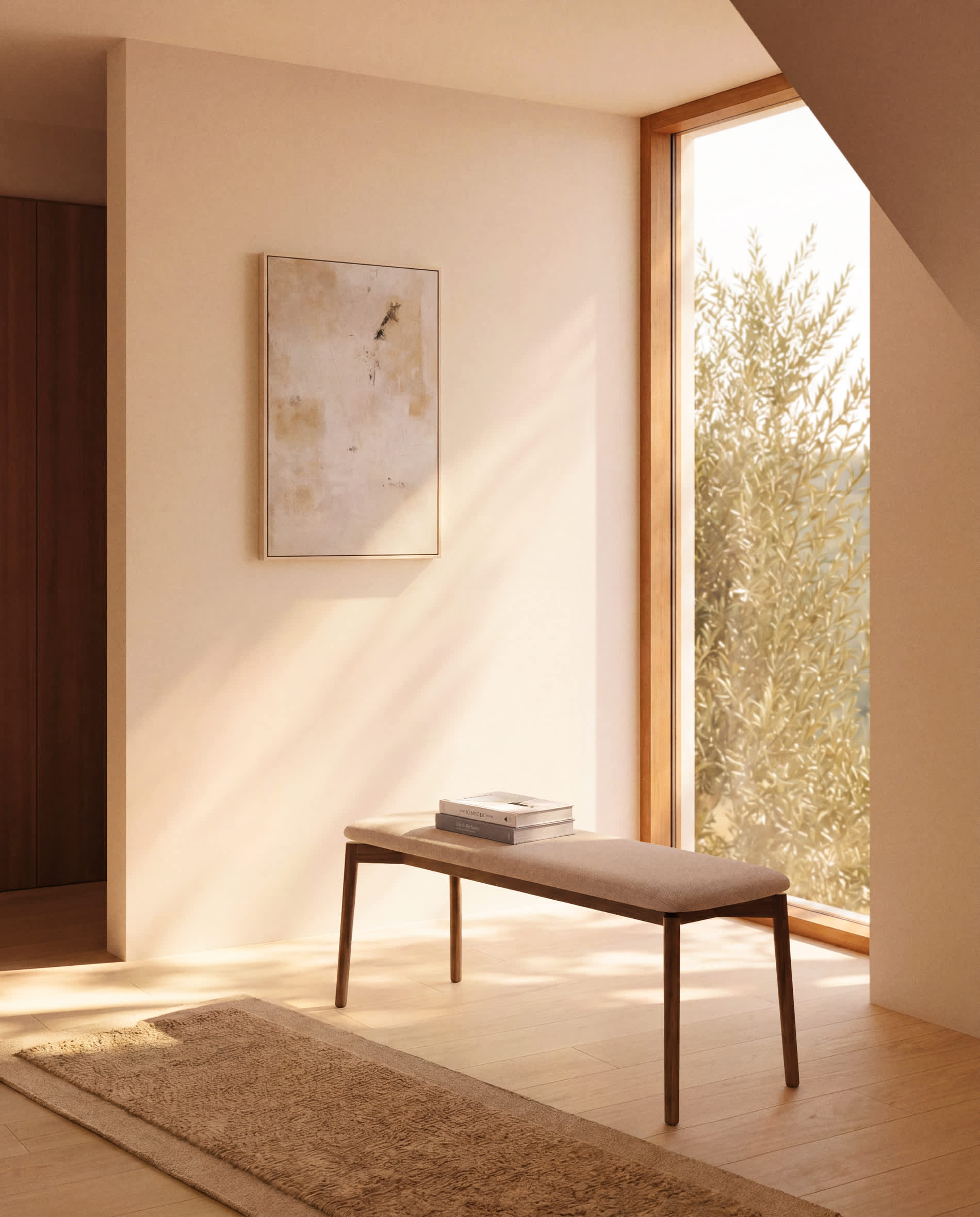 Evera bench in oak veneer with walnut finish and brown chenille 122cm