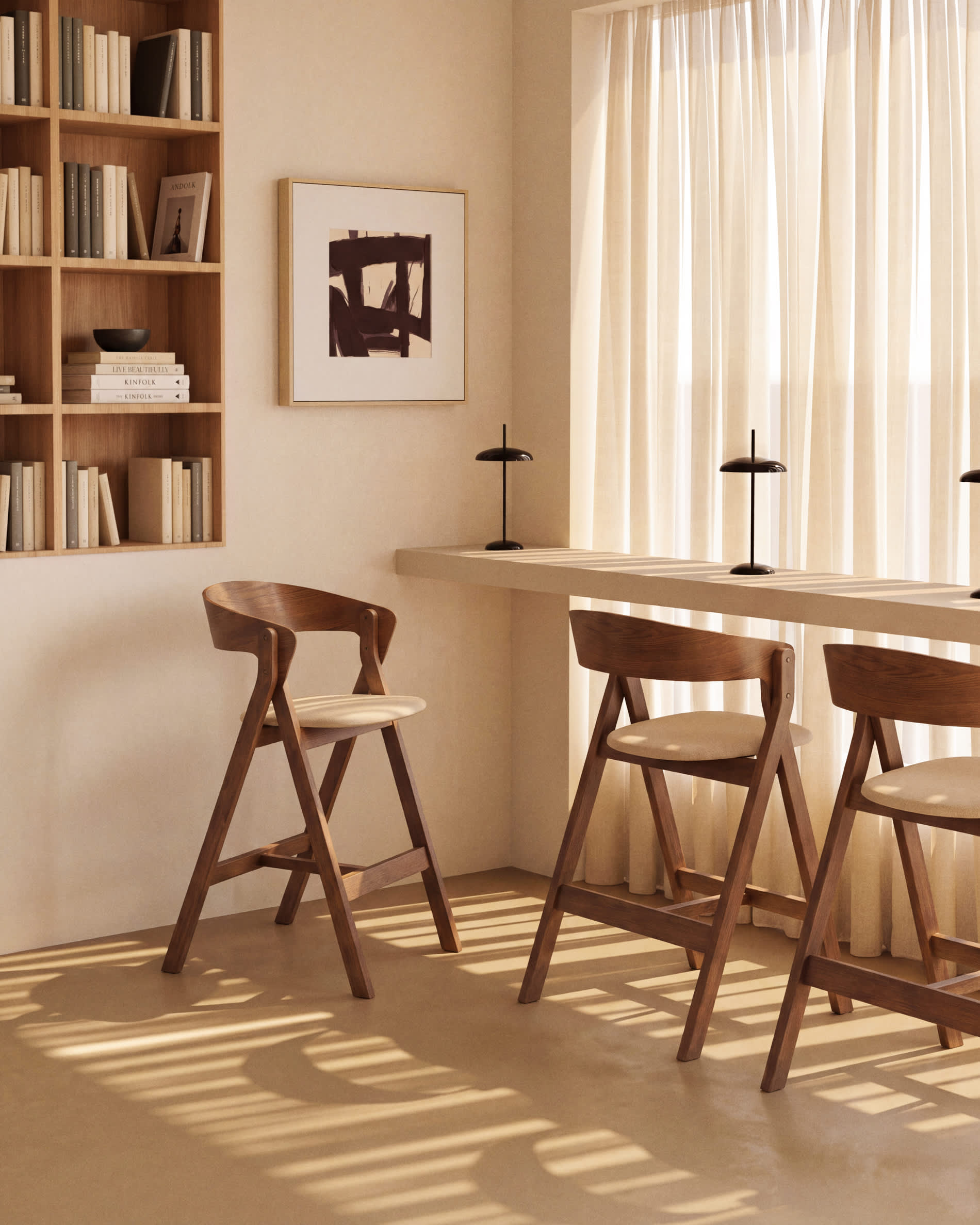 Godia stool in oak veneer with walnut finish and beige chenille